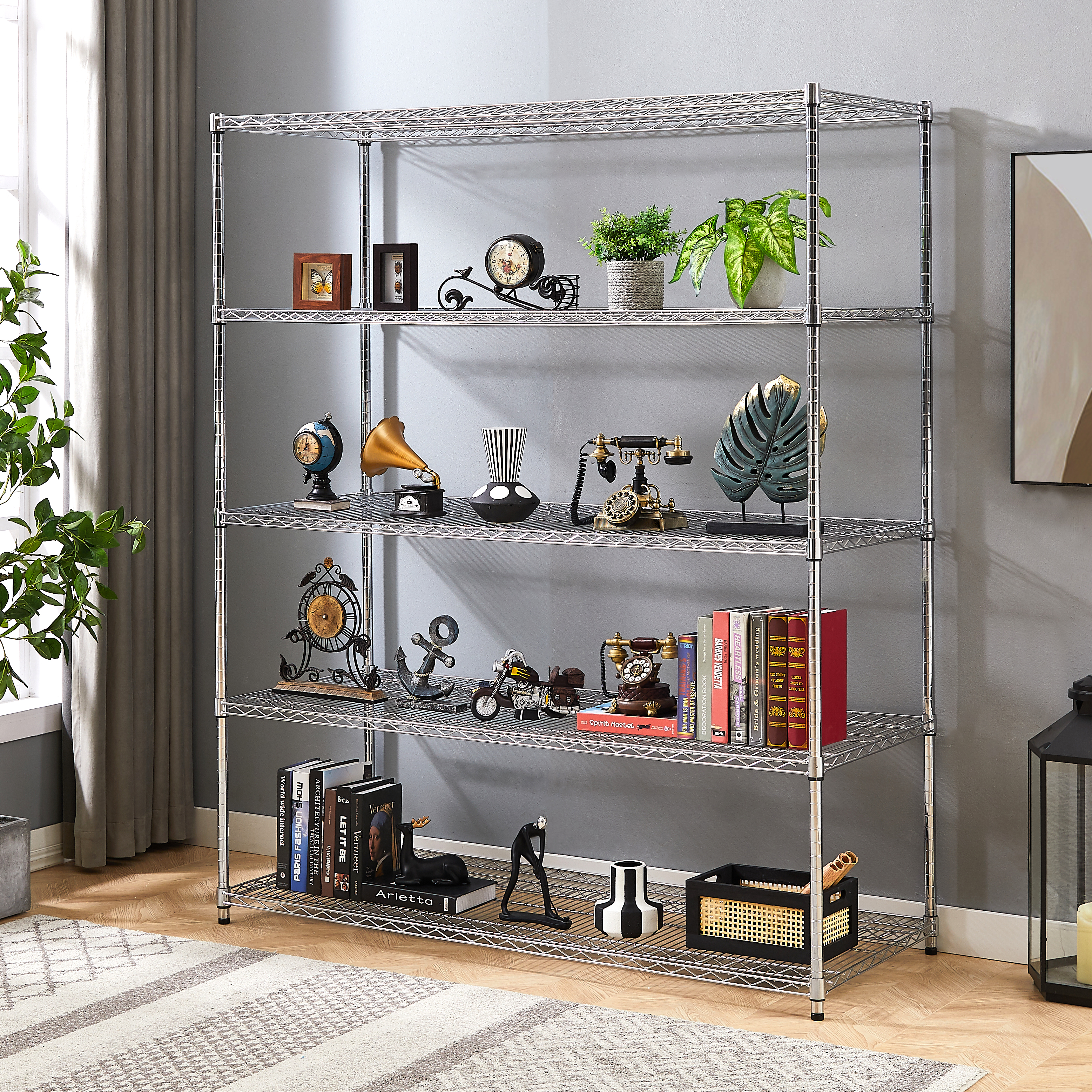 Warehouse, supermarket,kitchen,and other 5-layer heavy-duty adjustable shelves with wheels and adjustable feet,each metal frame bearing 300 pounds. 59.45 "L × 24.02 "W × 71.65 "H.