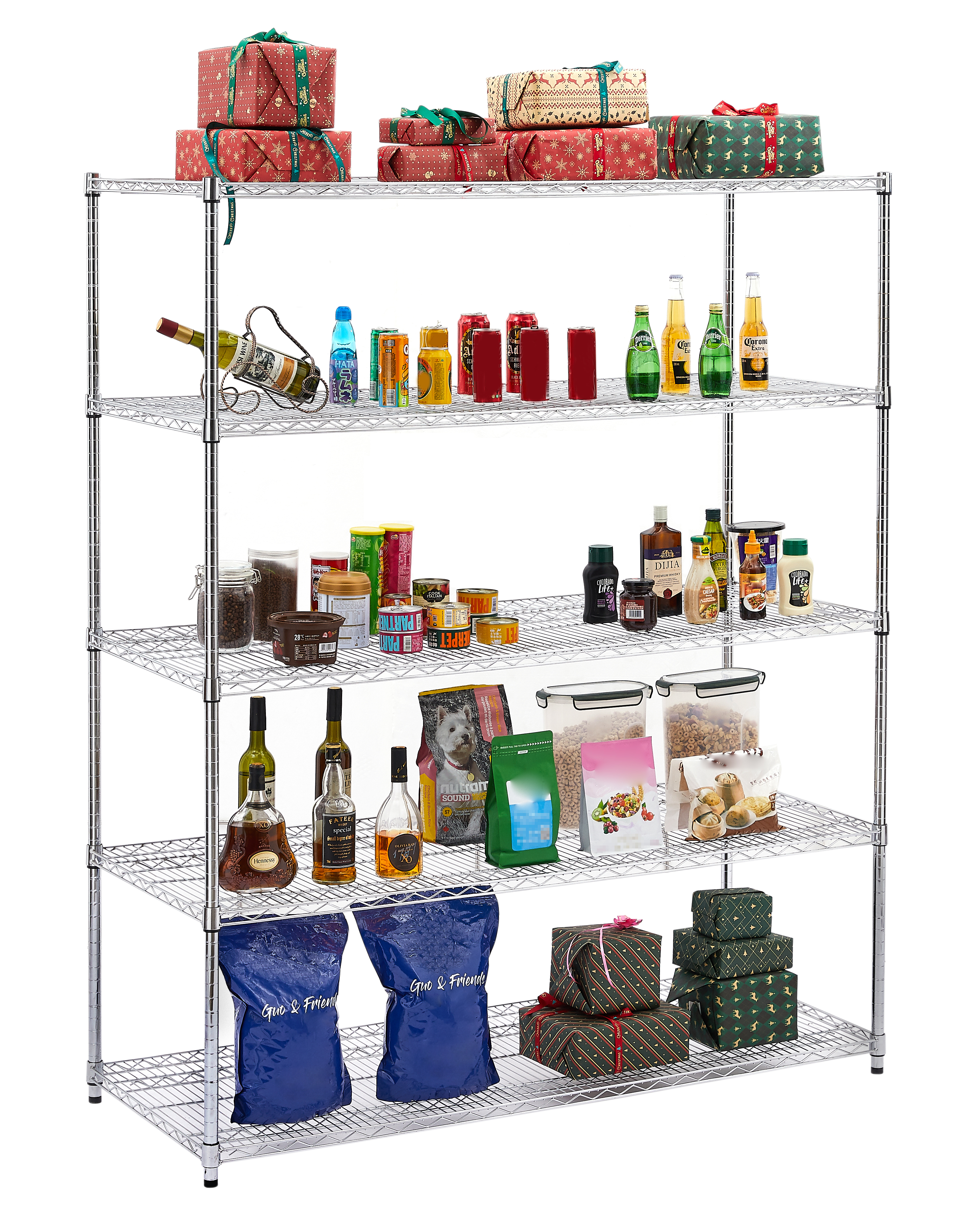 Warehouse, supermarket,kitchen,and other 5-layer heavy-duty adjustable shelves with wheels and adjustable feet,each metal frame bearing 300 pounds. 59.45 "L × 24.02 "W × 71.65 "H.