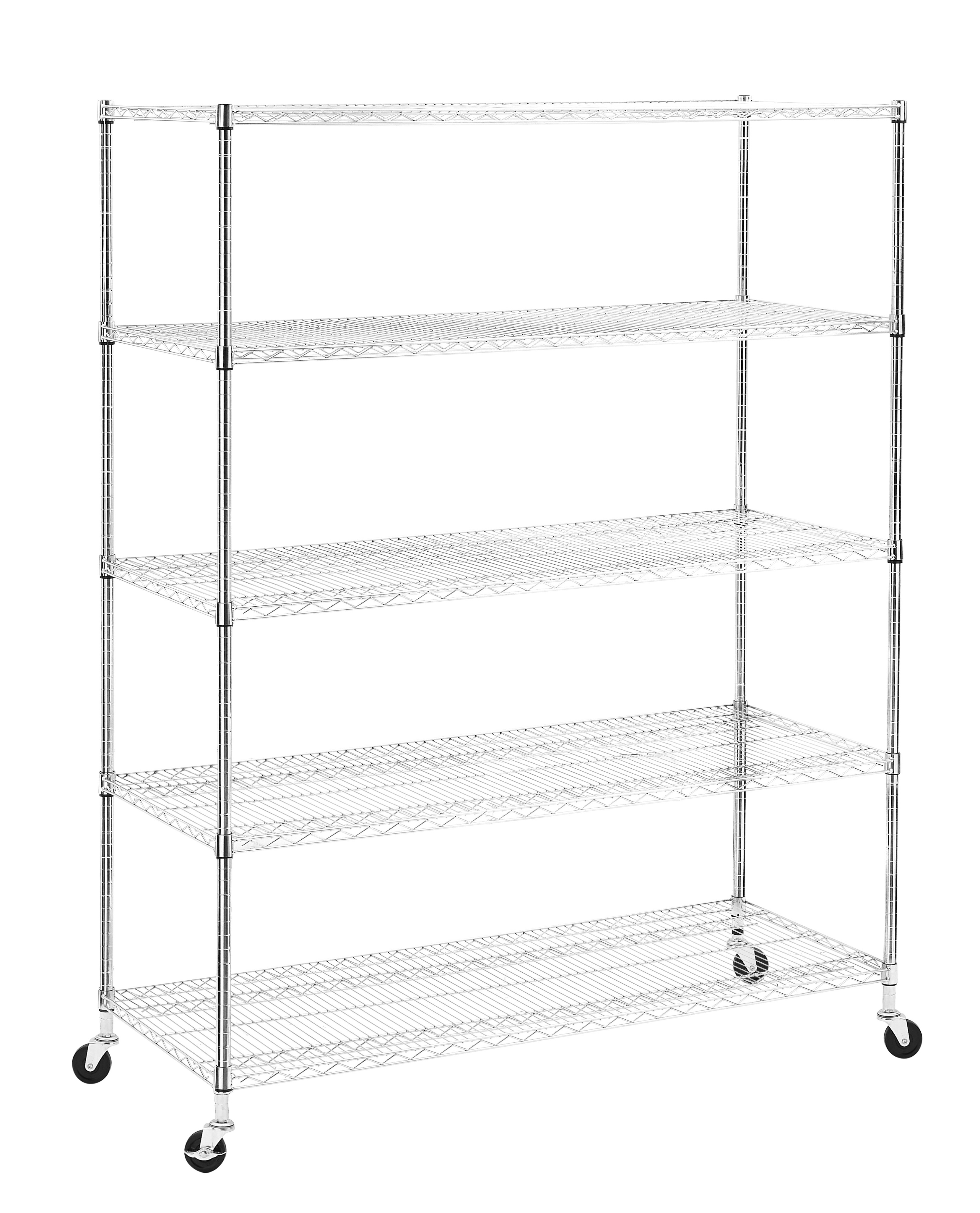 Warehouse, supermarket,kitchen,and other 5-layer heavy-duty adjustable shelves with wheels and adjustable feet,each metal frame bearing 300 pounds. 59.45 "L × 24.02 "W × 71.65 "H.