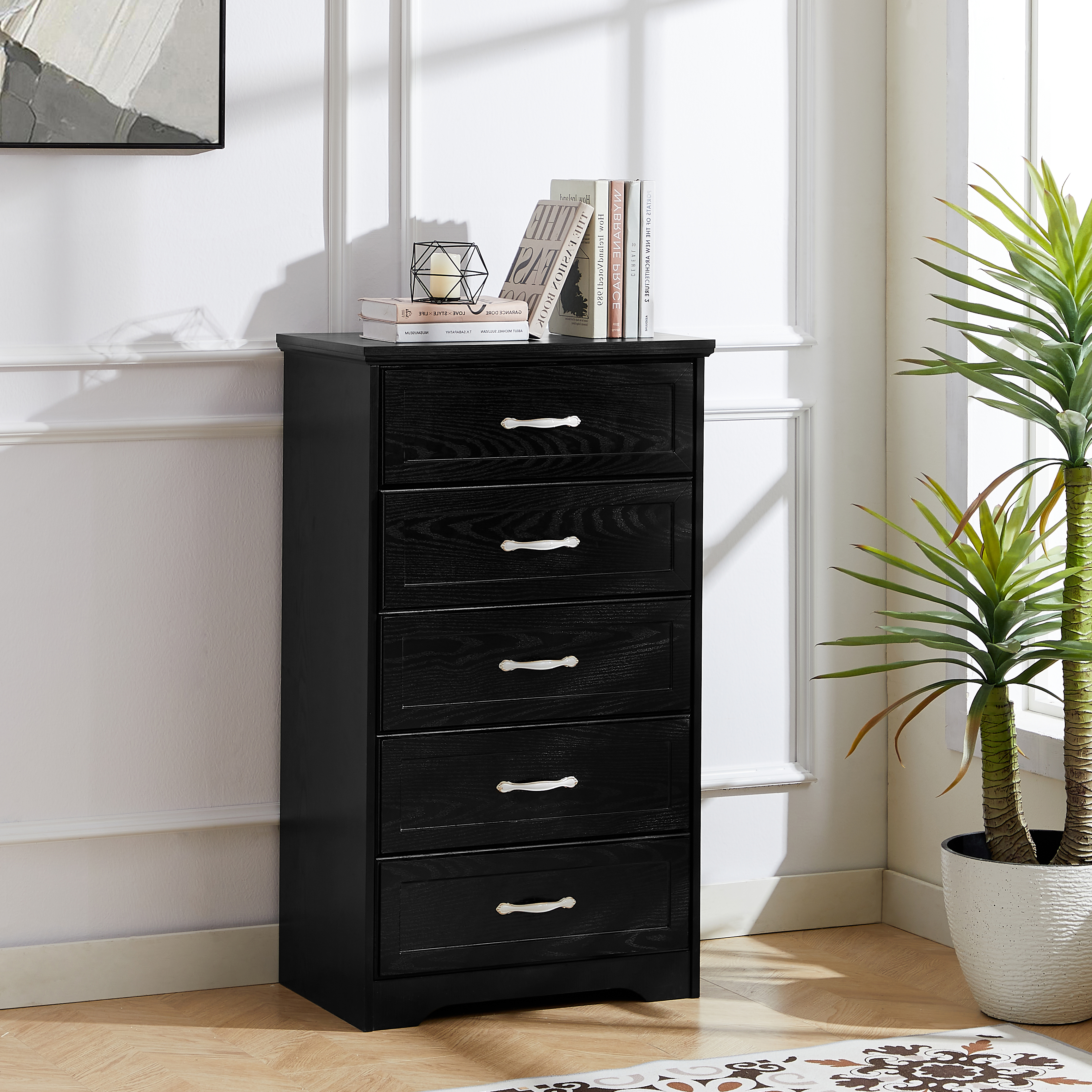 Modern 5 Tier Bedroom Chest of Drawers, Dresser with Drawers, Clothes Organizer -Metal Pulls for Living Room, Bedroom, Hallway, Black, 25.2″L x 15.8″W x 43.5″H