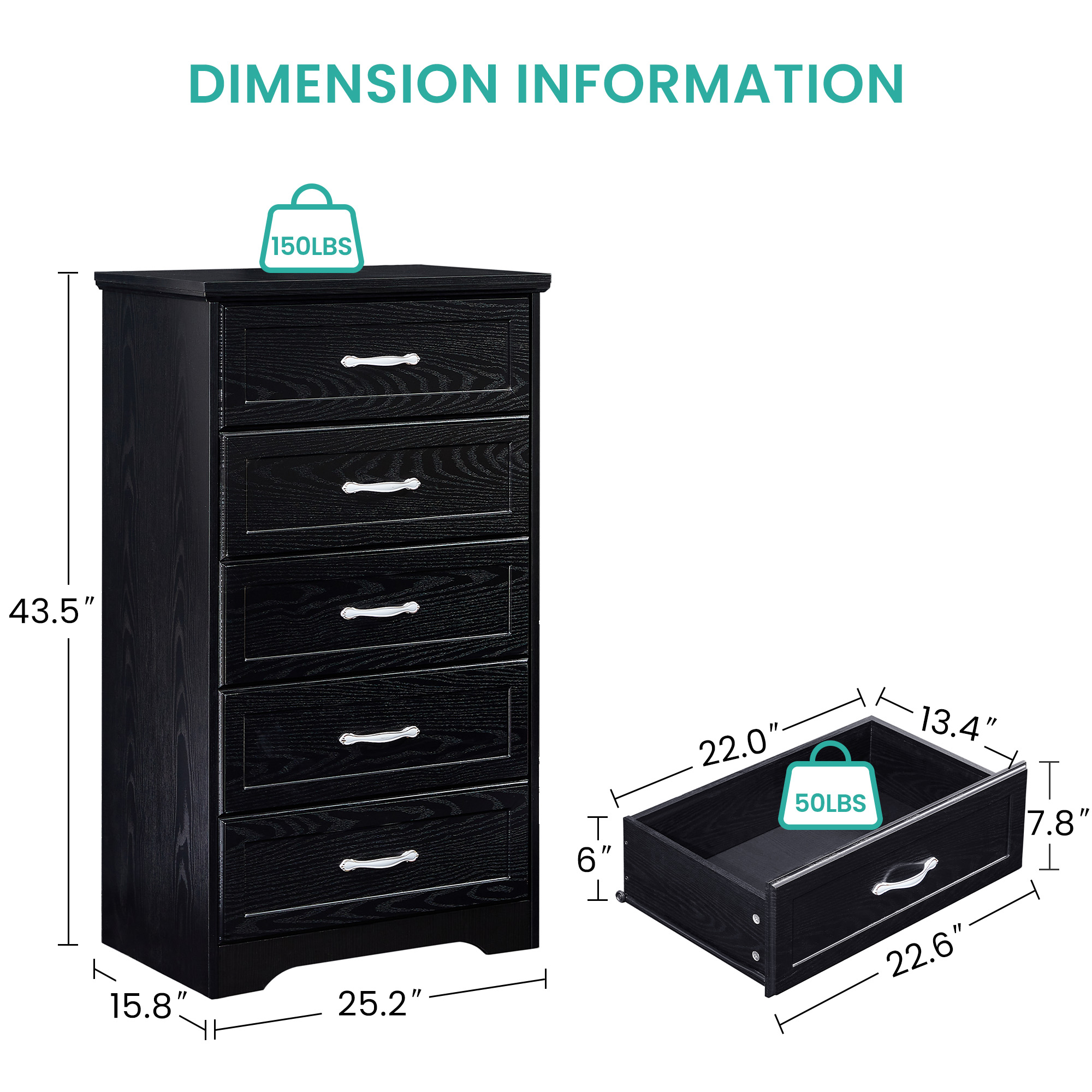 Modern 5 Tier Bedroom Chest of Drawers, Dresser with Drawers, Clothes Organizer -Metal Pulls for Living Room, Bedroom, Hallway, Black, 25.2″L x 15.8″W x 43.5″H