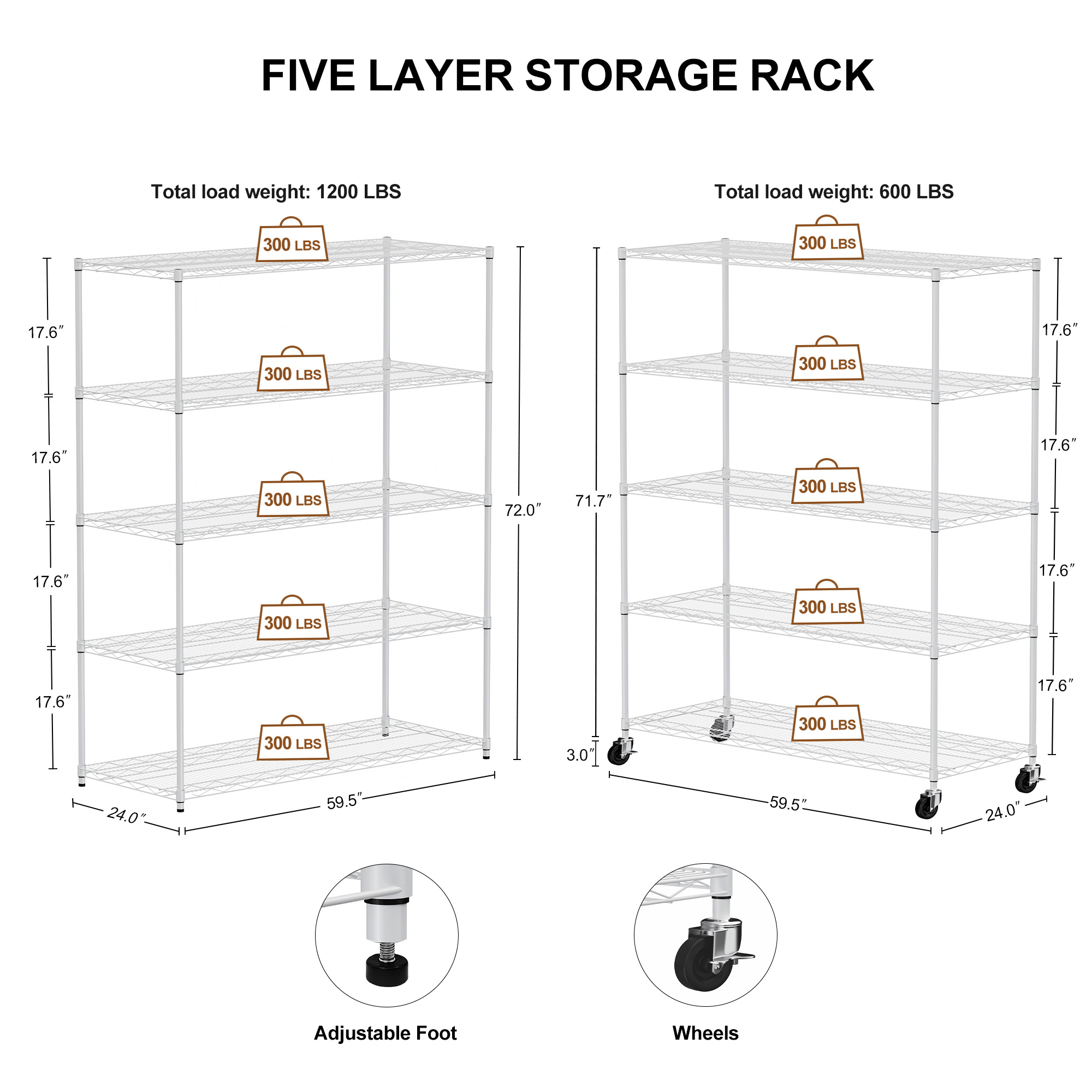 Warehouse, supermarket, kitchen, and other 5-layer heavy-duty adjustable shelves with wheels and adjustable feet, each metal frame bearing 300 pounds. 59.45 "L × 24.02 "W × 71.65 "H,White