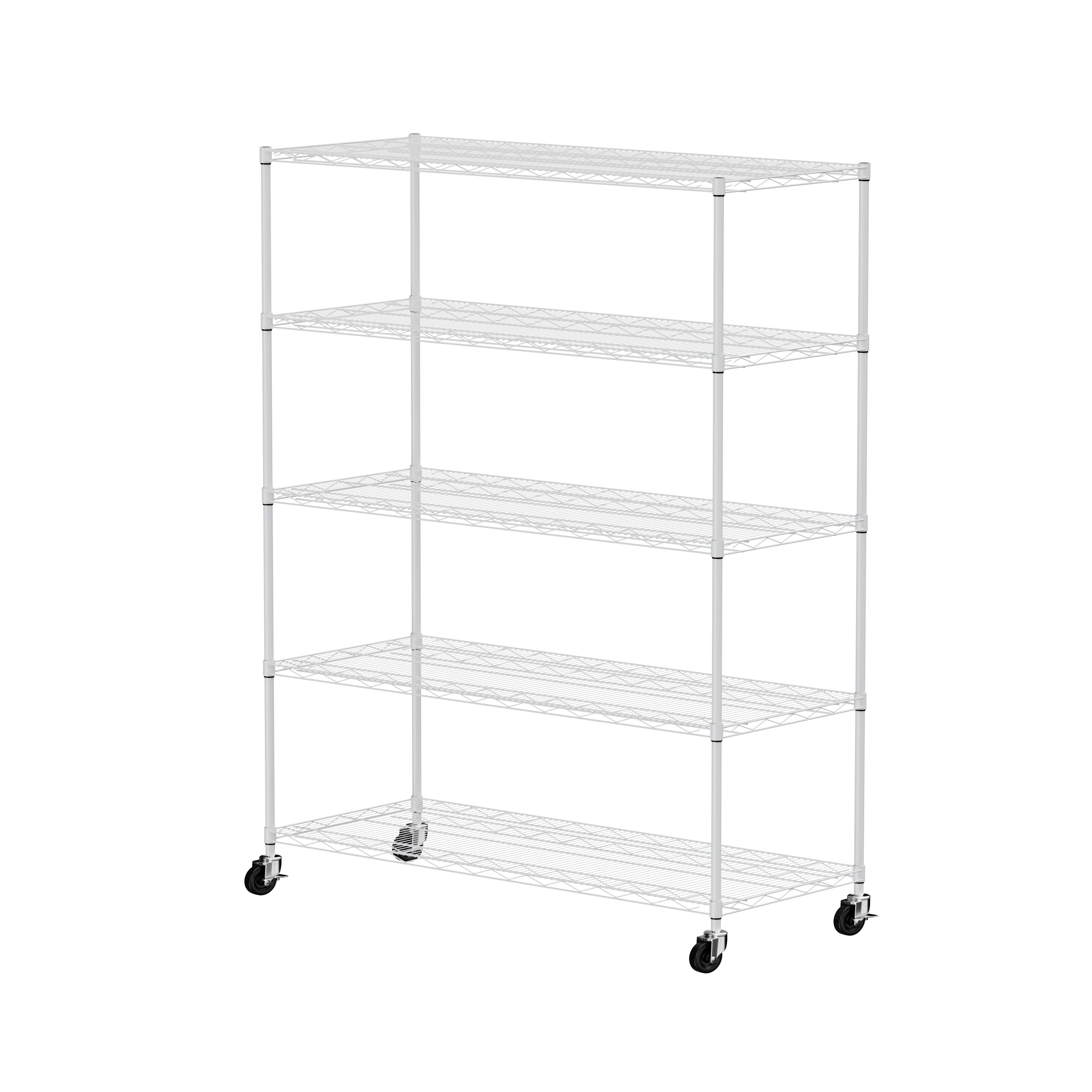 Warehouse, supermarket, kitchen, and other 5-layer heavy-duty adjustable shelves with wheels and adjustable feet, each metal frame bearing 300 pounds. 59.45 "L × 24.02 "W × 71.65 "H,White