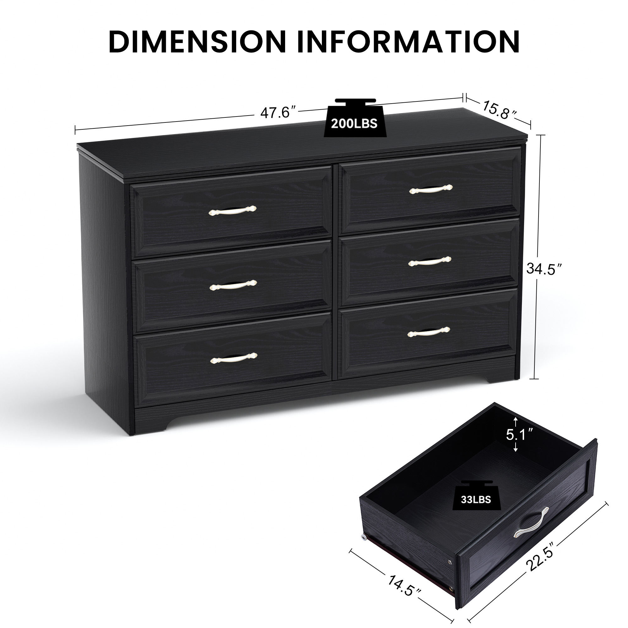 Modern 3 Drawer Bedroom Chest of Drawers with 6 Drawers Dresser, Clothes Organizer -Metal Pulls for Living Room, Bedroom, Hallway, Black,47.6″L x 15.7″W x 28.9″H