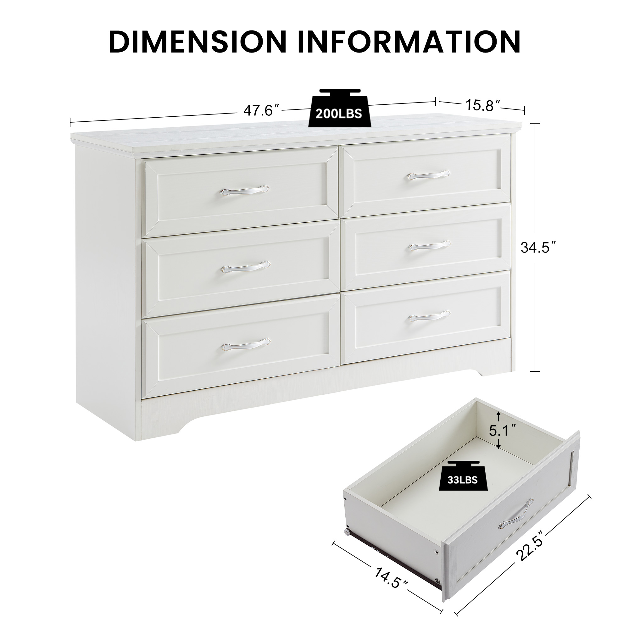 Modern 3 Drawer Bedroom Chest of Drawers with 6 Drawers Dresser, Clothes Organizer -Metal Pulls for Living Room, Bedroom, Hallway, White,47.6″L x 15.7″W x 28.9″H