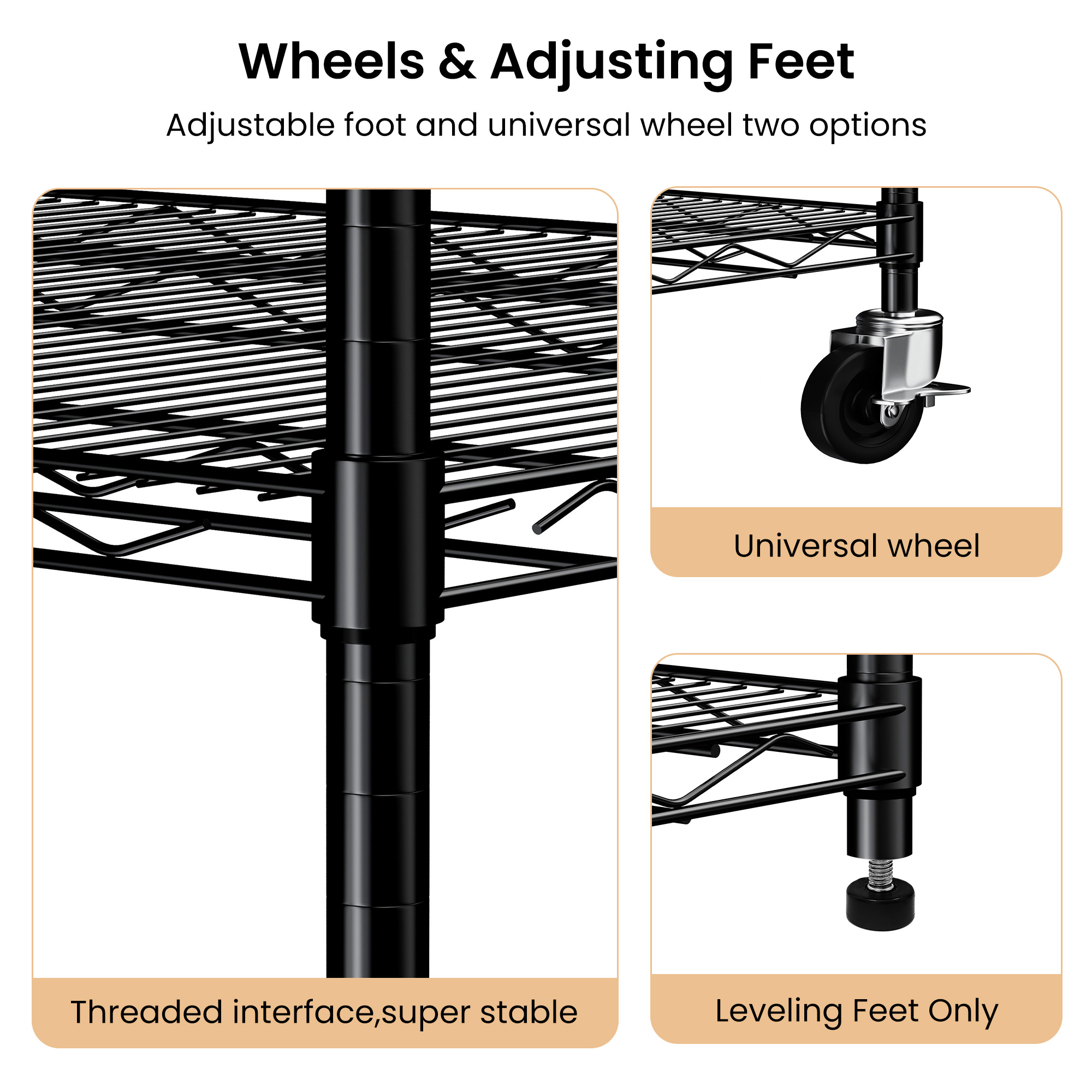 Warehouse, supermarket,kitchen,and other 5-layer heavy-duty adjustable shelves with wheels and adjustable feet,each metal frame bearing 300 pounds.  59.45 "L × 24.02 "W × 71.65 "H,Black.