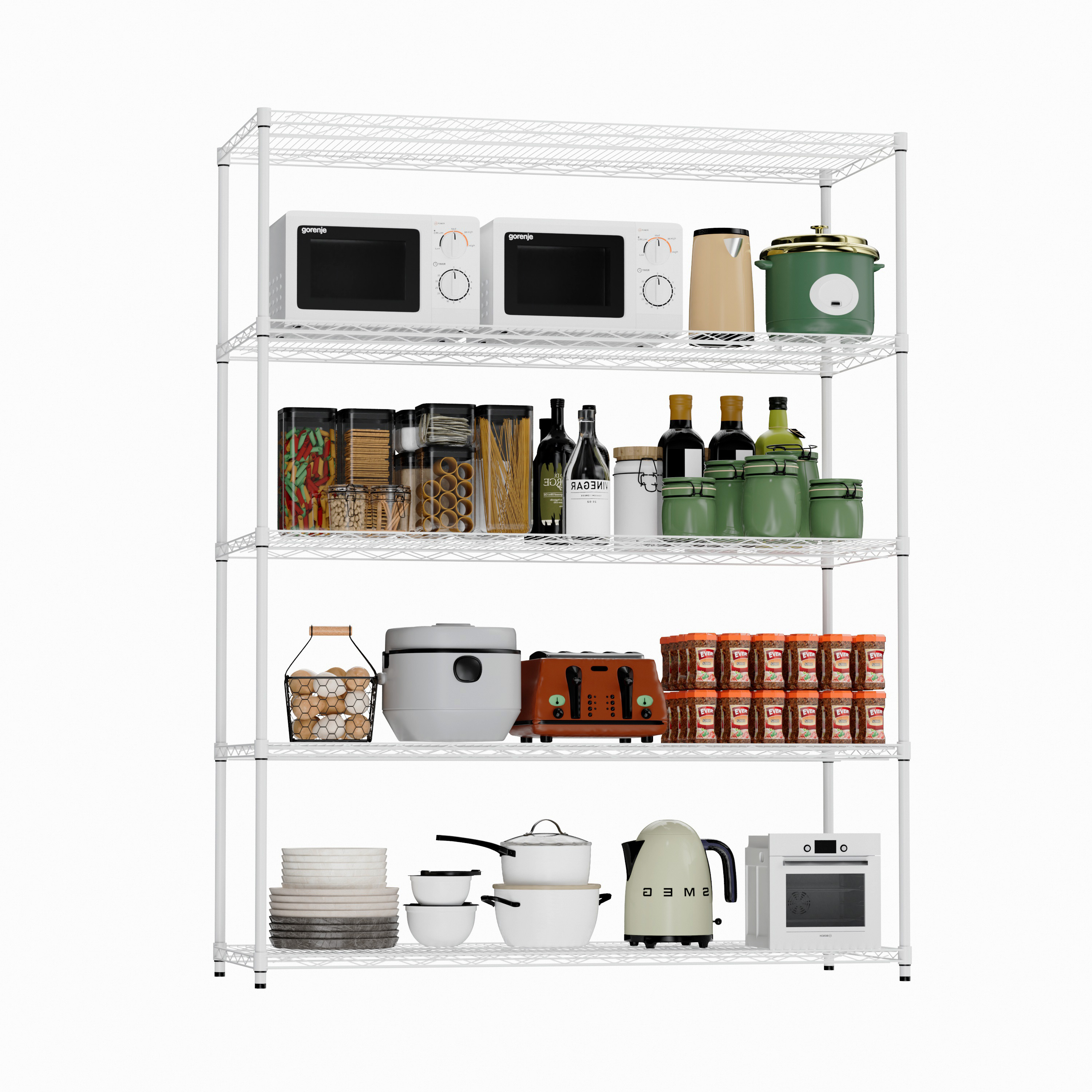 Warehouse, supermarket, kitchen, and other 5-layer heavy-duty adjustable shelves with wheels and adjustable feet, each metal frame bearing 300 pounds. 59.45 "L × 24.02 "W × 71.65 "H,White