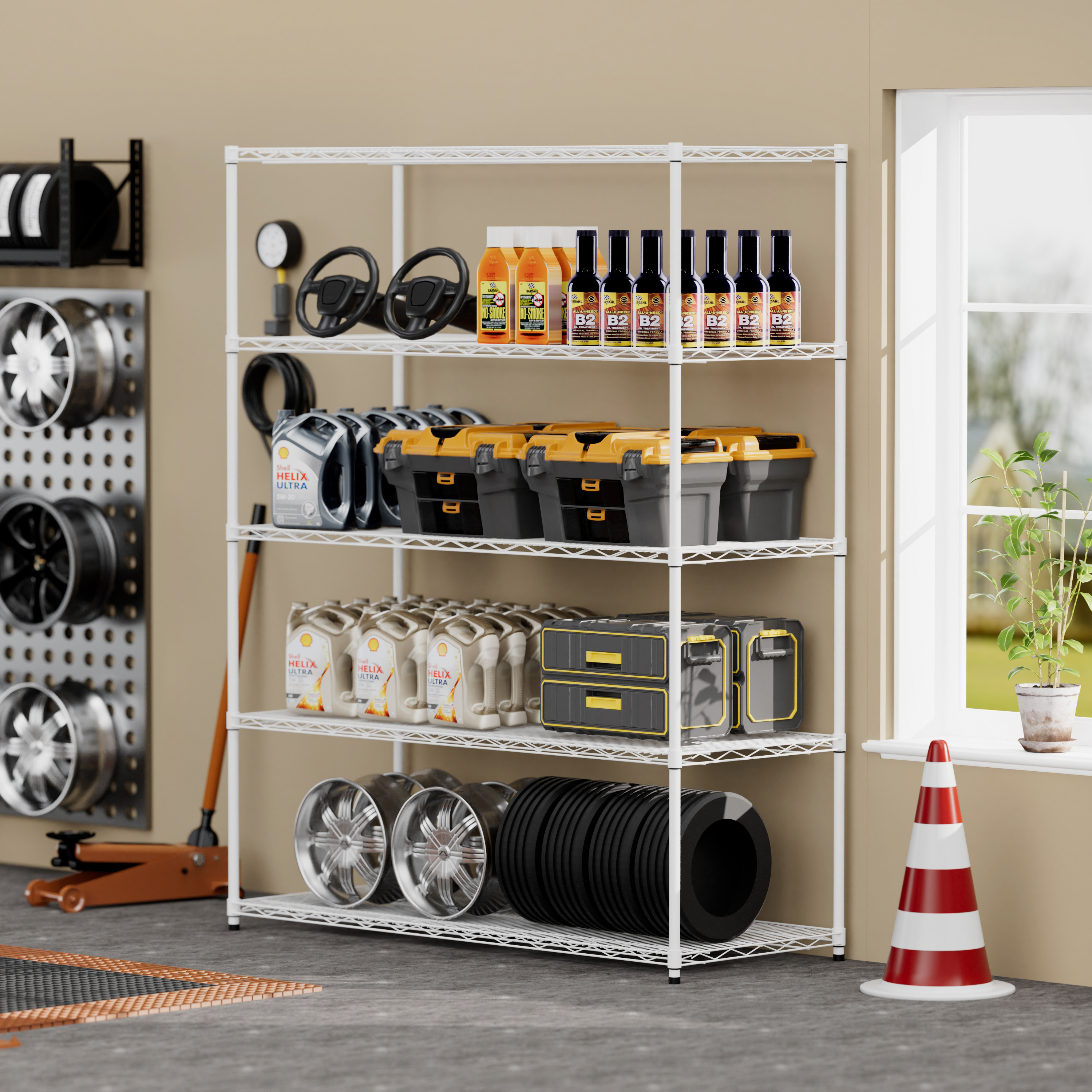 Warehouse, supermarket, kitchen, and other 5-layer heavy-duty adjustable shelves with wheels and adjustable feet, each metal frame bearing 300 pounds. 59.45 "L × 24.02 "W × 71.65 "H,White