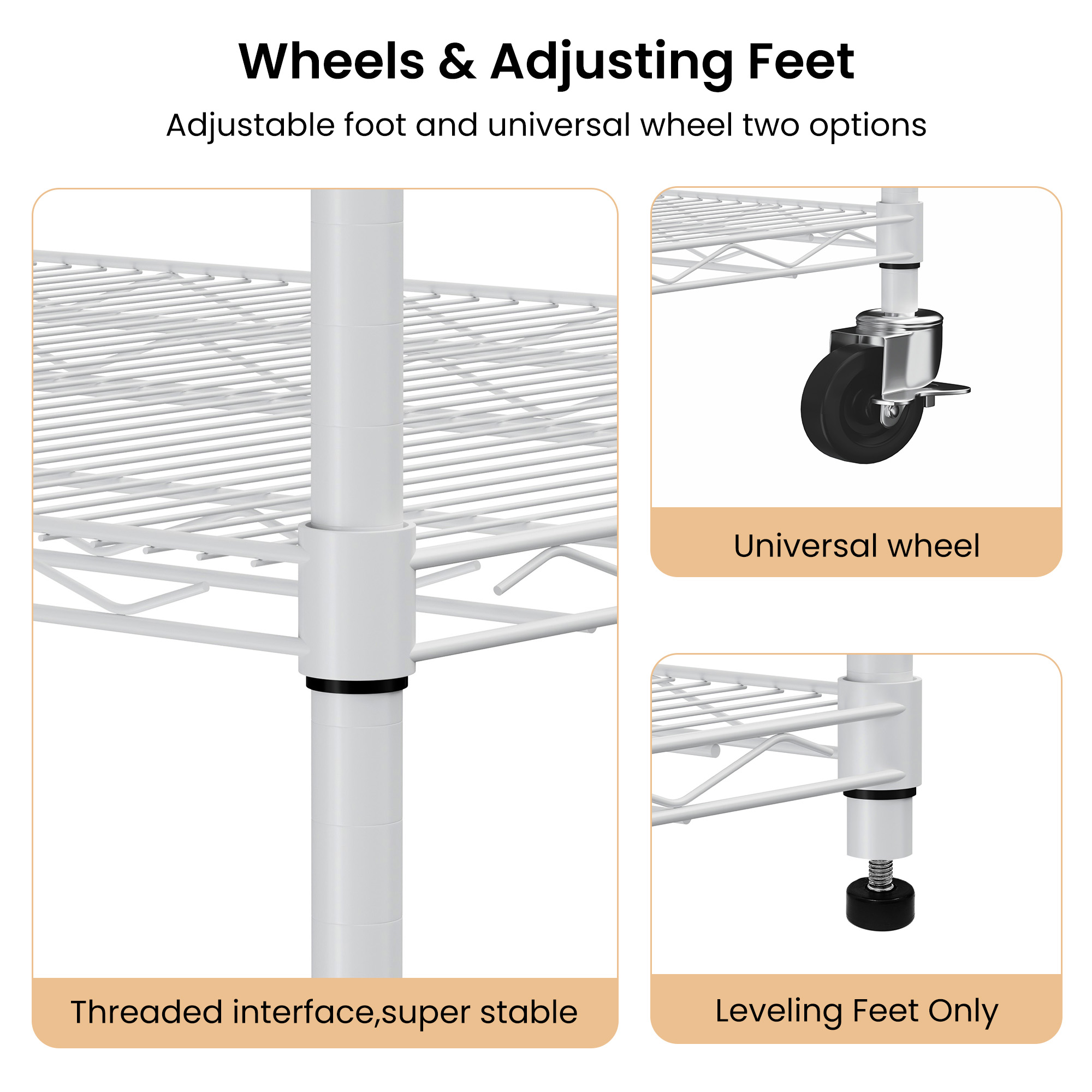 Warehouse, supermarket, kitchen, and other 5-layer heavy-duty adjustable shelves with wheels and adjustable feet, each metal frame bearing 300 pounds. 59.45 "L × 24.02 "W × 71.65 "H,White