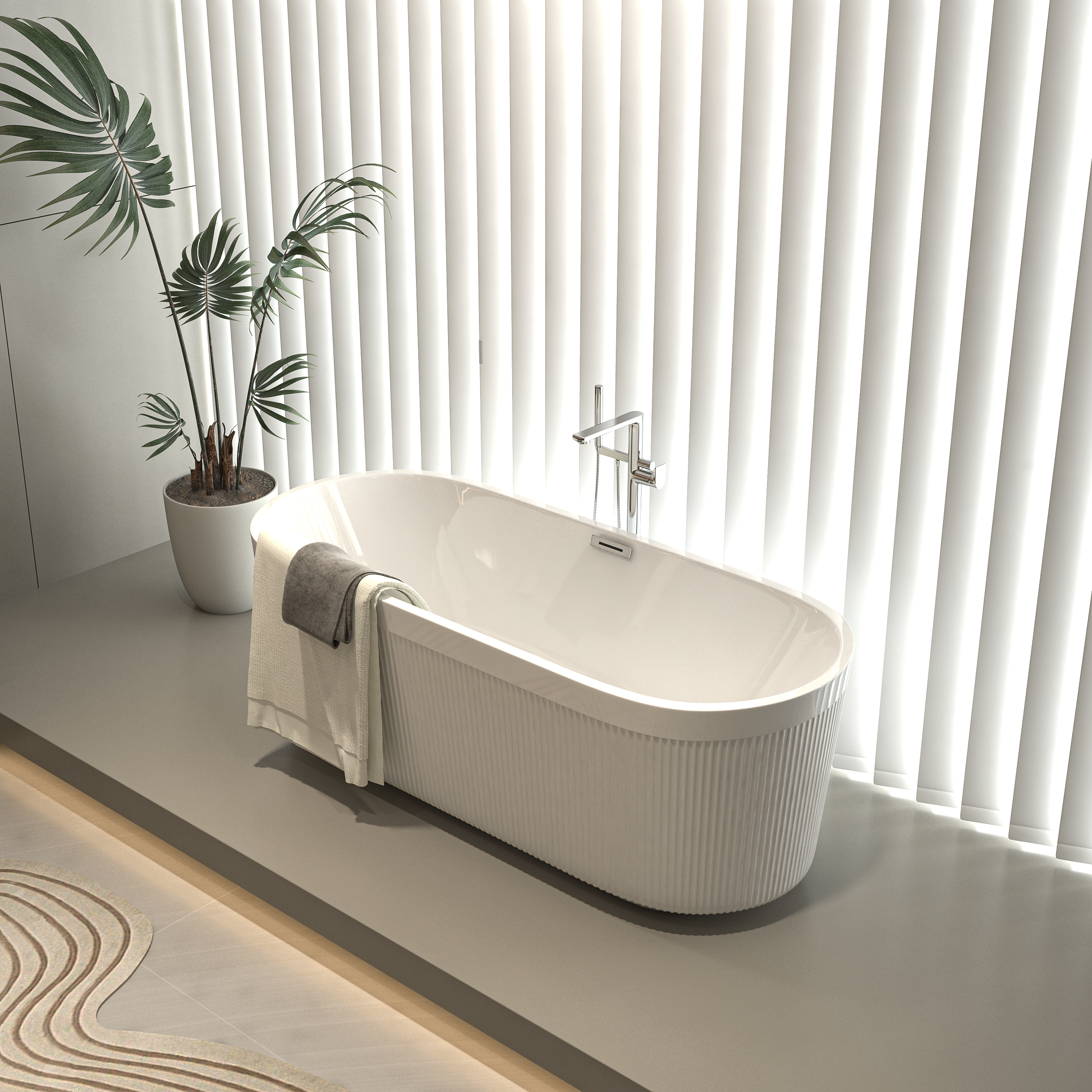 59" Acrylic Freestanding Bathtub with Unique Pleated Design: Spacious Oval Shape, Gloss White Finish, Brushed Nickel Overflow & Pop-Up Drain