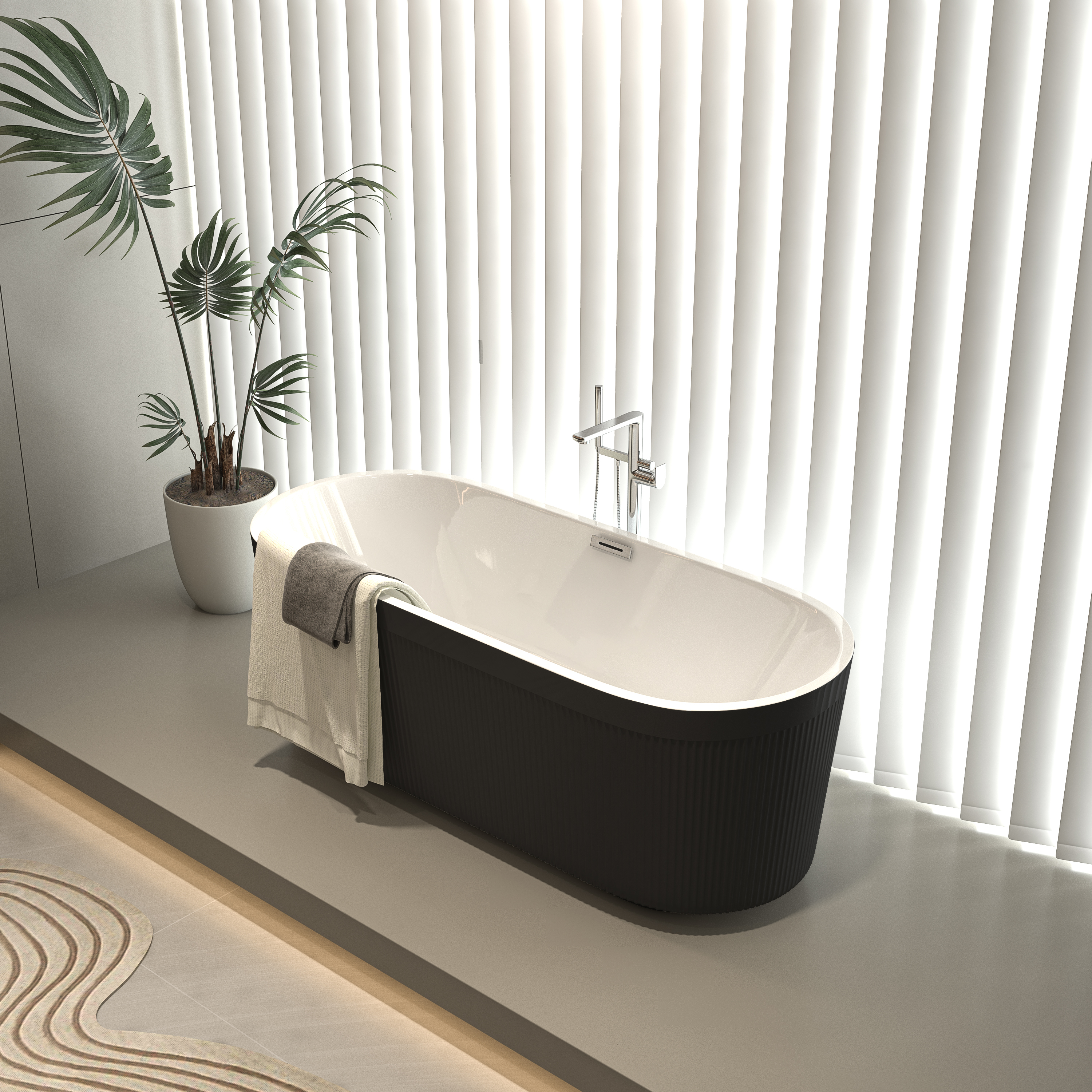 59" Acrylic Freestanding Bathtub with Unique Pleated Design: Spacious Oval Shape, Gloss Black Finish, Brushed Nickel Overflow & Pop-Up Drain