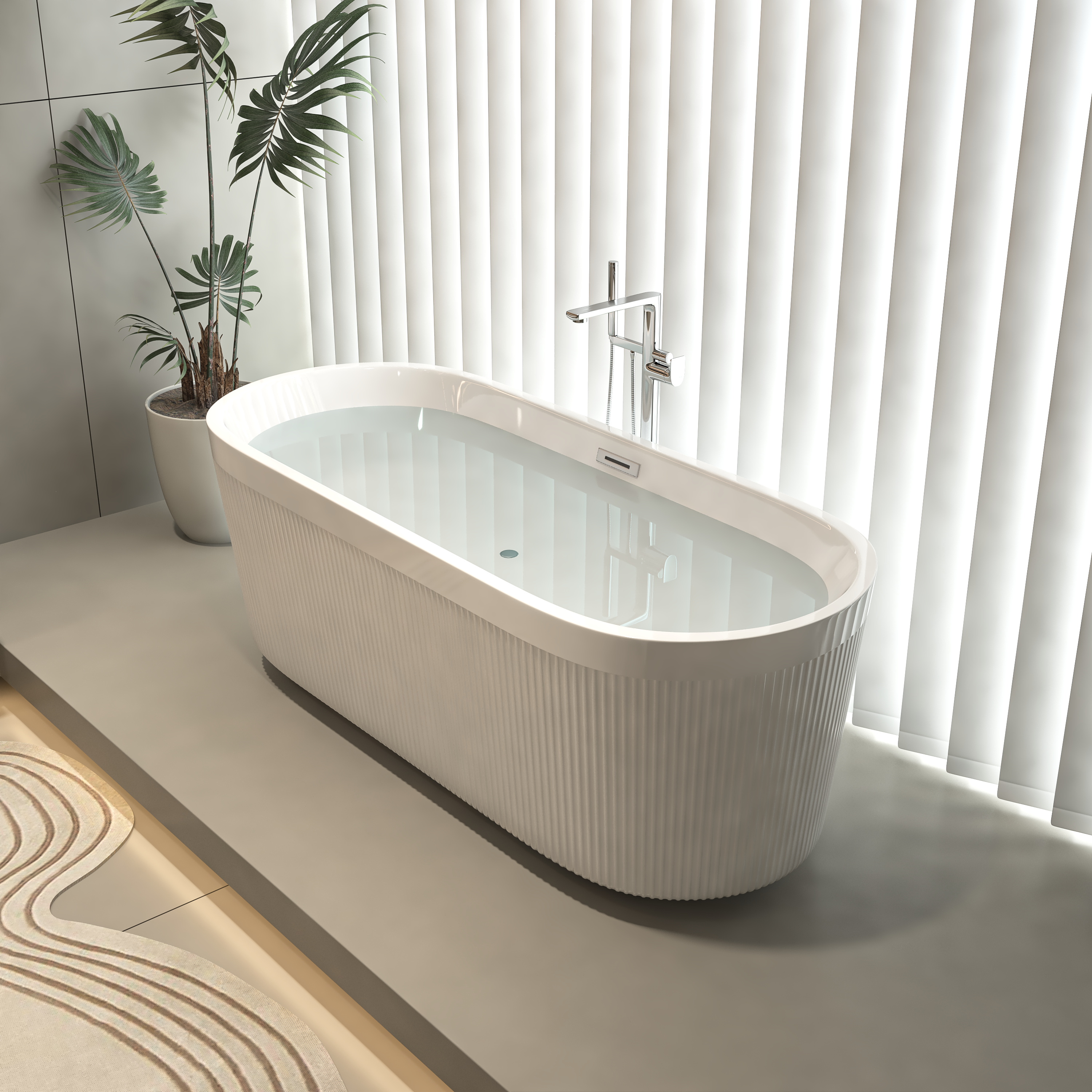 59" Acrylic Freestanding Bathtub with Unique Pleated Design: Spacious Oval Shape, Gloss White Finish, Brushed Nickel Overflow & Pop-Up Drain