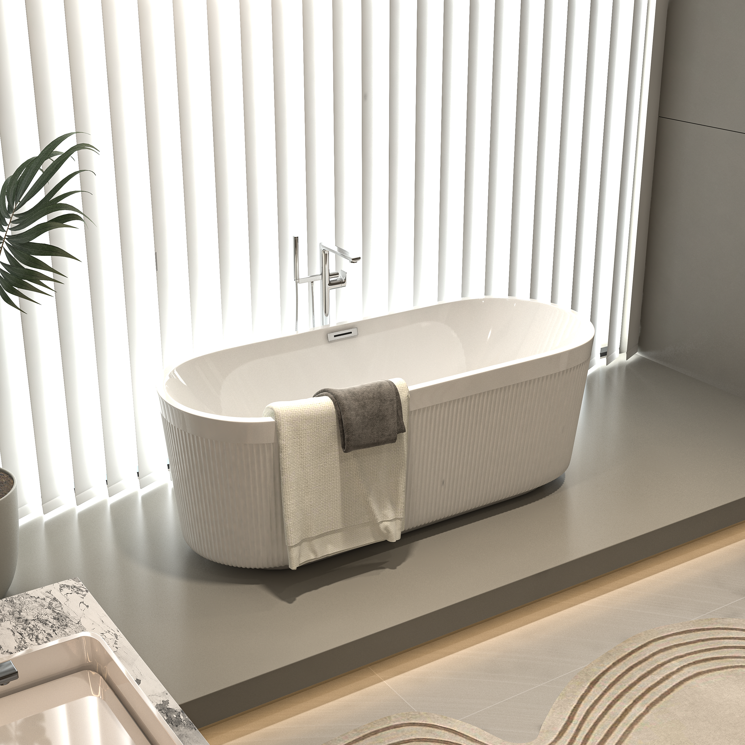 59" Acrylic Freestanding Bathtub with Unique Pleated Design: Spacious Oval Shape, Gloss White Finish, Brushed Nickel Overflow & Pop-Up Drain