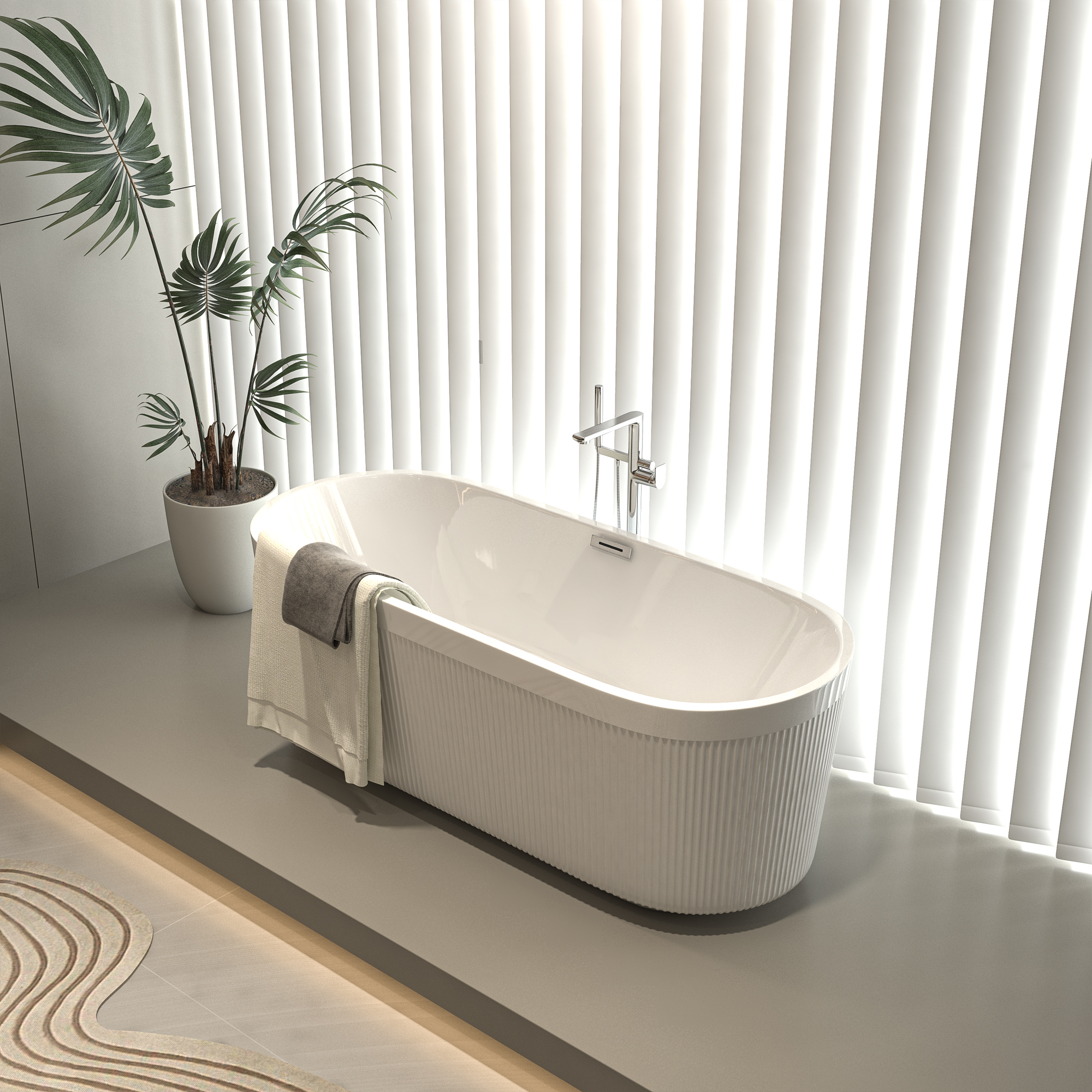 67" Acrylic Freestanding Bathtub with Unique Pleated Design: Spacious Oval Shape, Gloss White Finish, Brushed Nickel Overflow & Pop-Up Drain