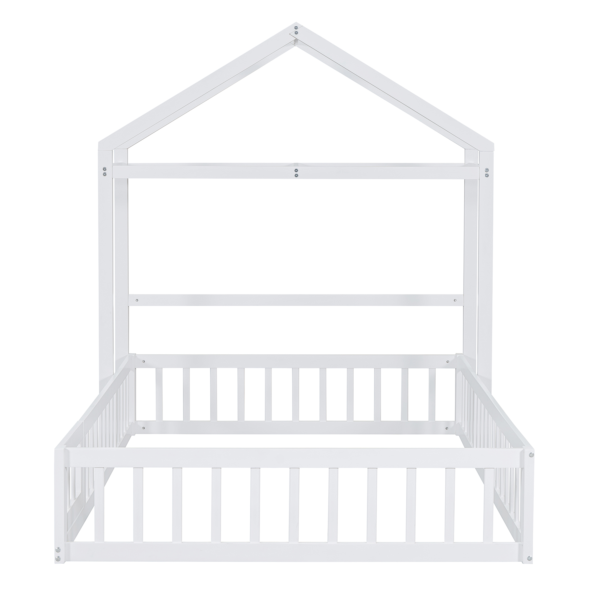 Wooden Floor Bed with Fence Railings and Detachable House Shape Headboard, Full Size Bed with Kids Dress Up Rack, Kids Montessori Style Playhouse Frame for Girls Boys, White