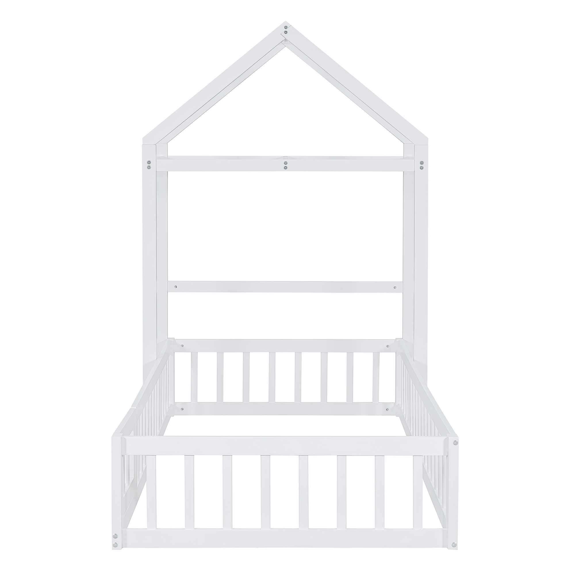 Wooden Floor Bed with Fence Railings and Detachable House Shape Headboard, Twin Size Bed with Kids Dress Up Rack, Kids Montessori Style Playhouse Frame for Girls Boys, White