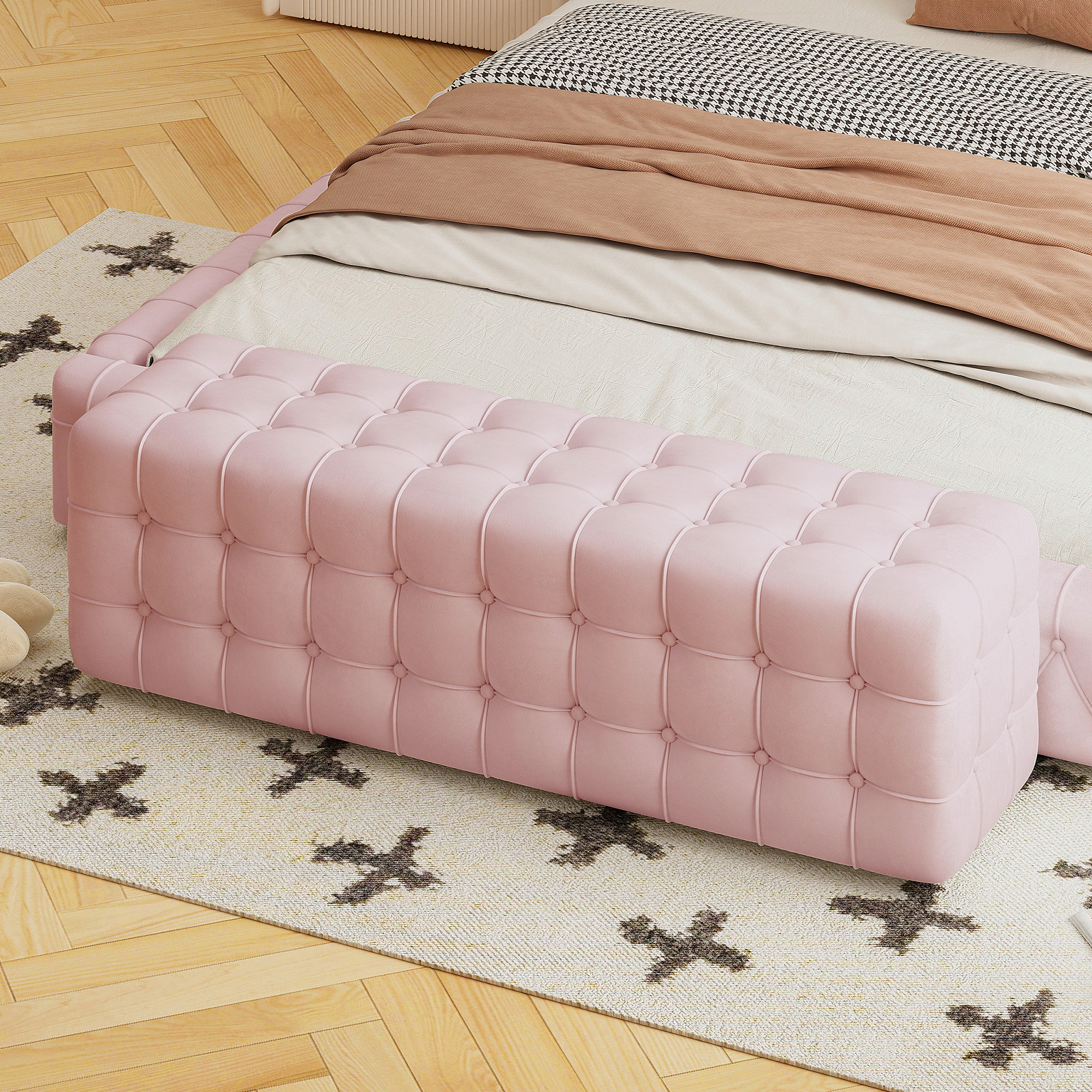 All Covered Velvet Upholstered Ottoman, Rectangular Footstool, Bedroom Footstool, No Assembly Required, Elegant and Luxurious, Pink