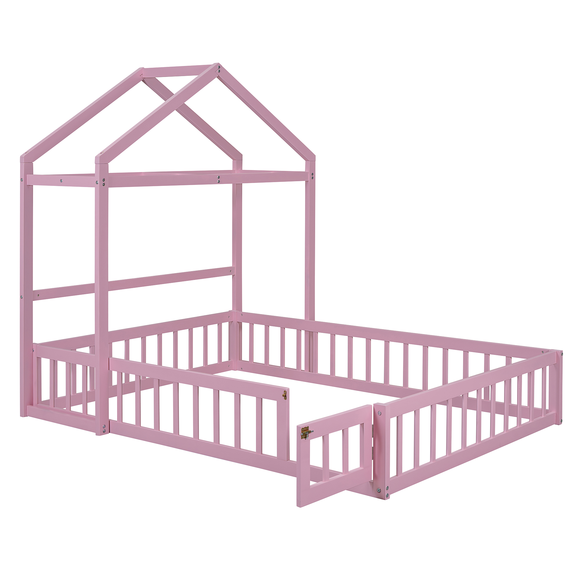 Wooden Floor Bed with Fence Railings and Detachable House Shape Headboard,Full Size Bed with Kids Dress Up Rack, Kids Montessori Style Playhouse Frame for Girls Boys, Pink