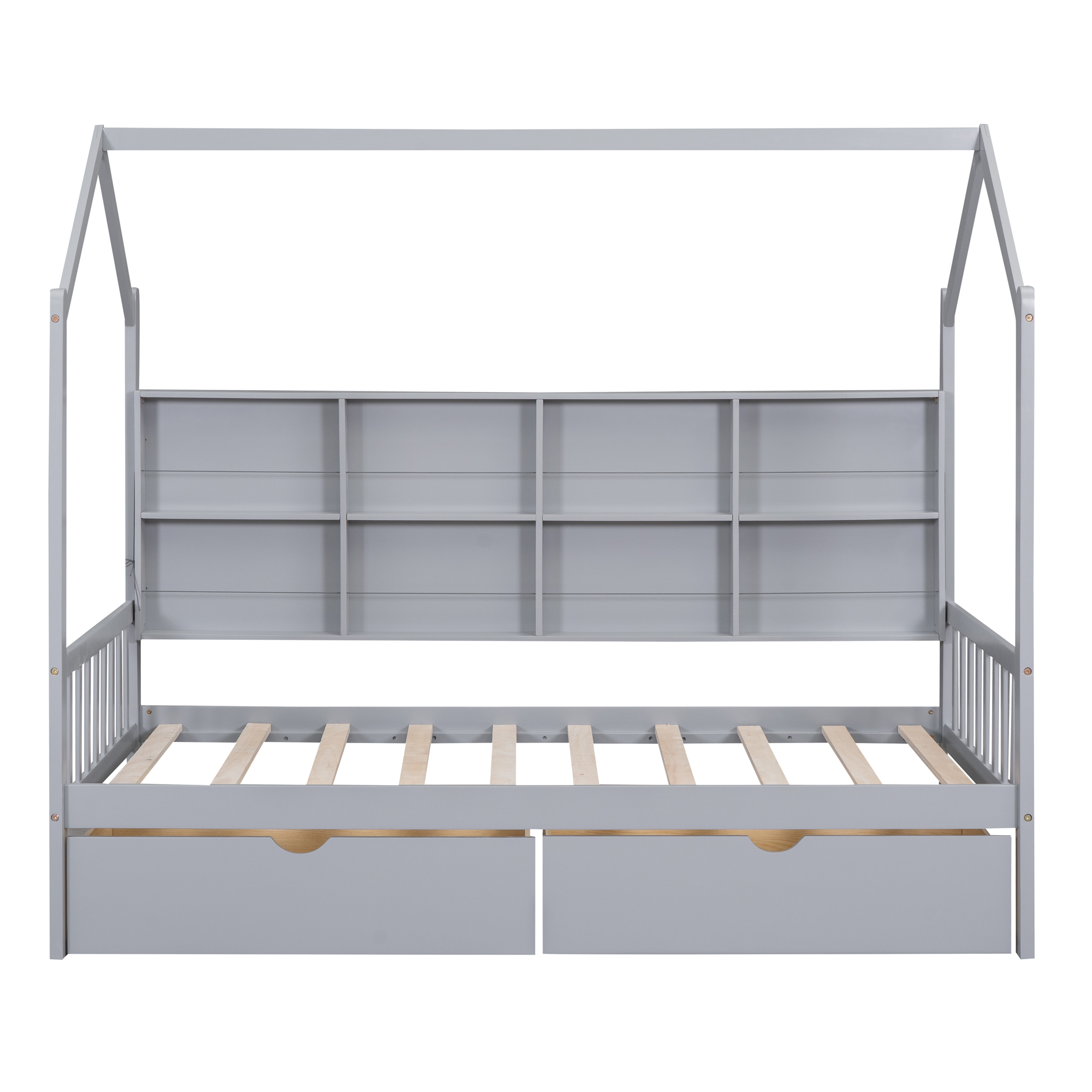 Wooden Twin Size House Bed with 2 Drawers,Kids Bed with Storage Shelf, Gray