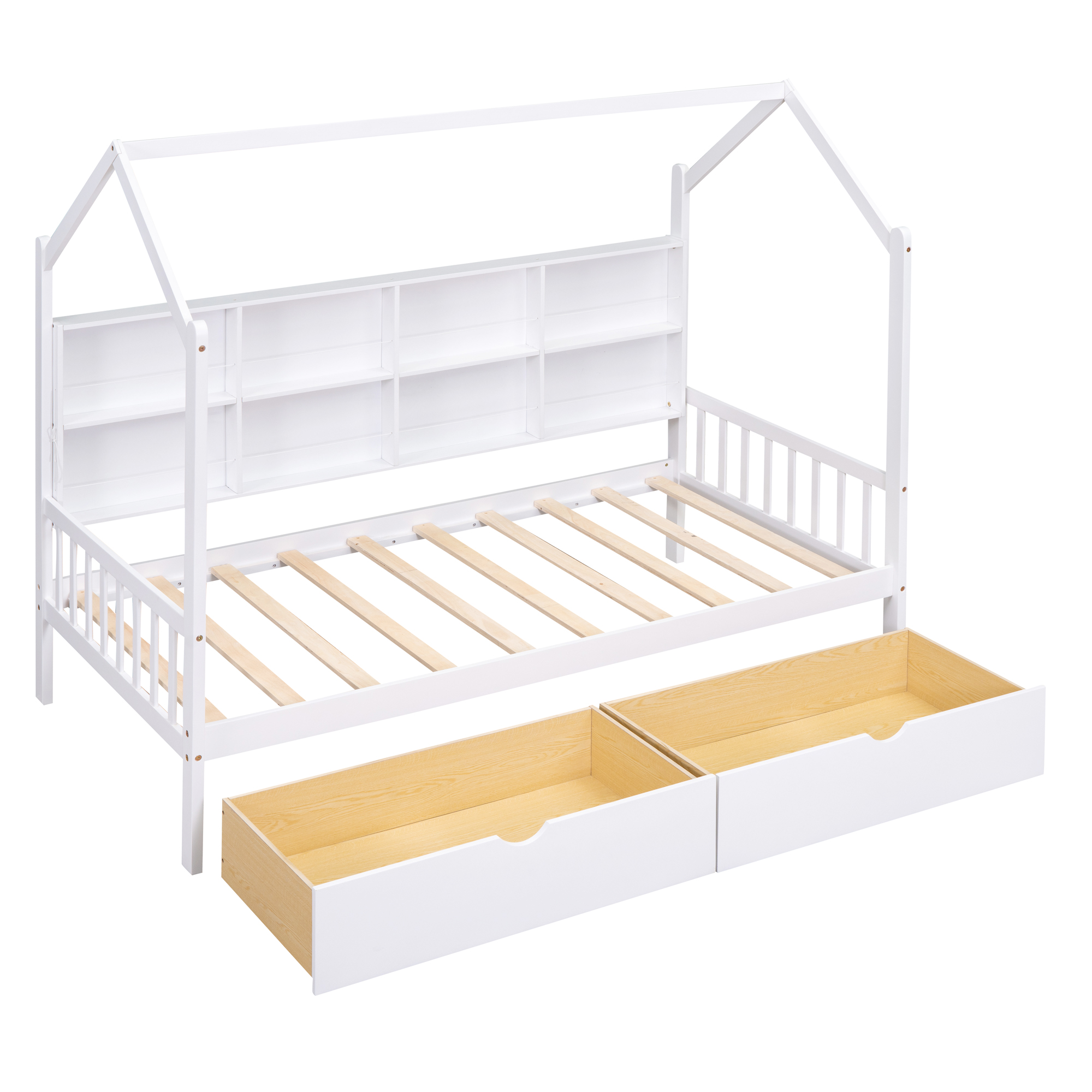 Wooden Twin Size House Bed with 2 Drawers,Kids Bed with Storage Shelf, White