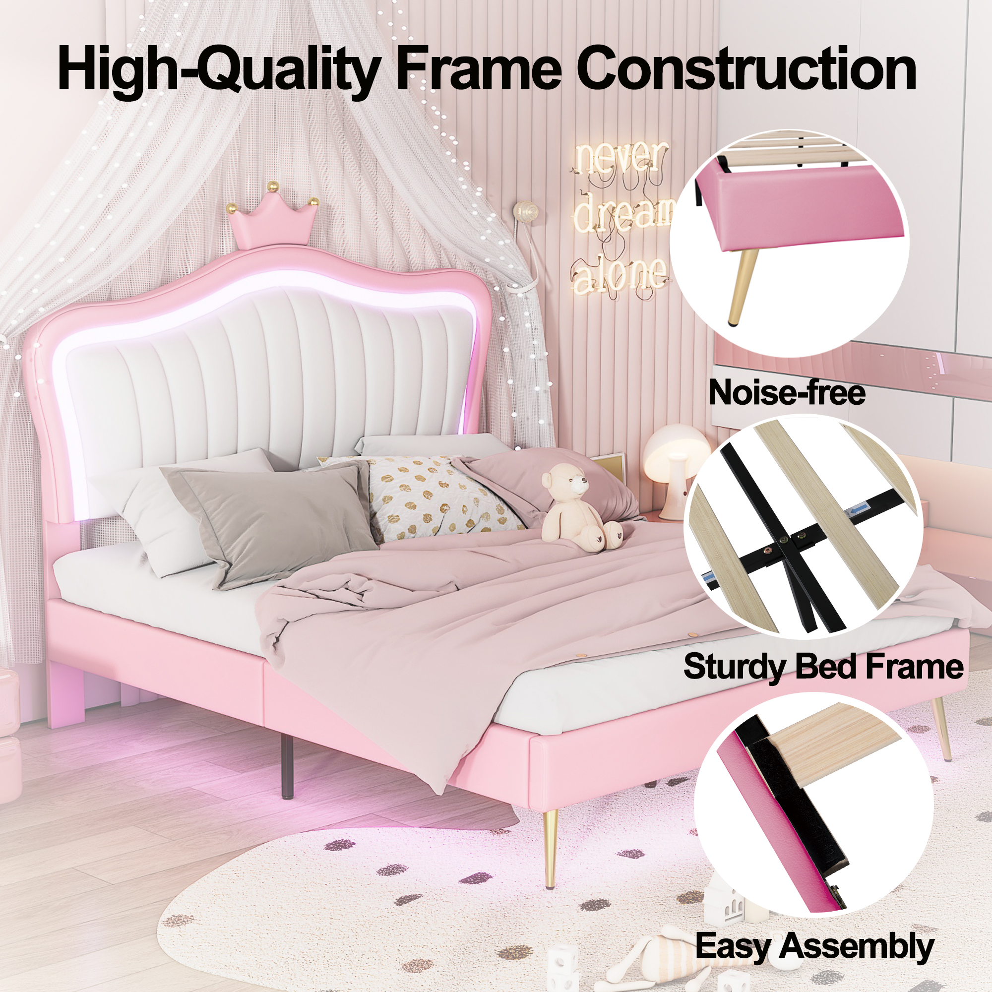 Queen Size Upholstered Bed Frame with LED Lights,Modern Upholstered Princess Bed With Crown Headboard,White+Pink