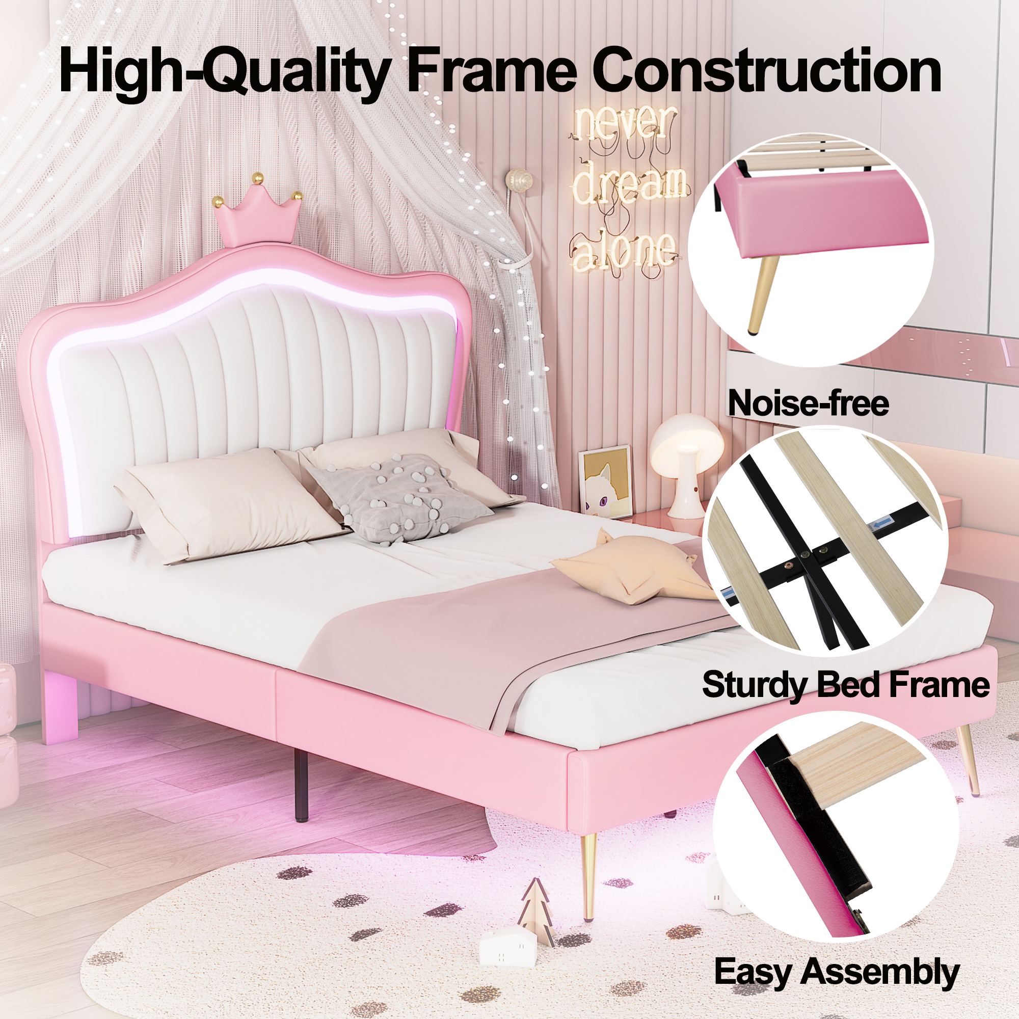 Full Size Upholstered Bed Frame with LED Lights,Modern Upholstered Princess Bed With Crown Headboard,White+Pink