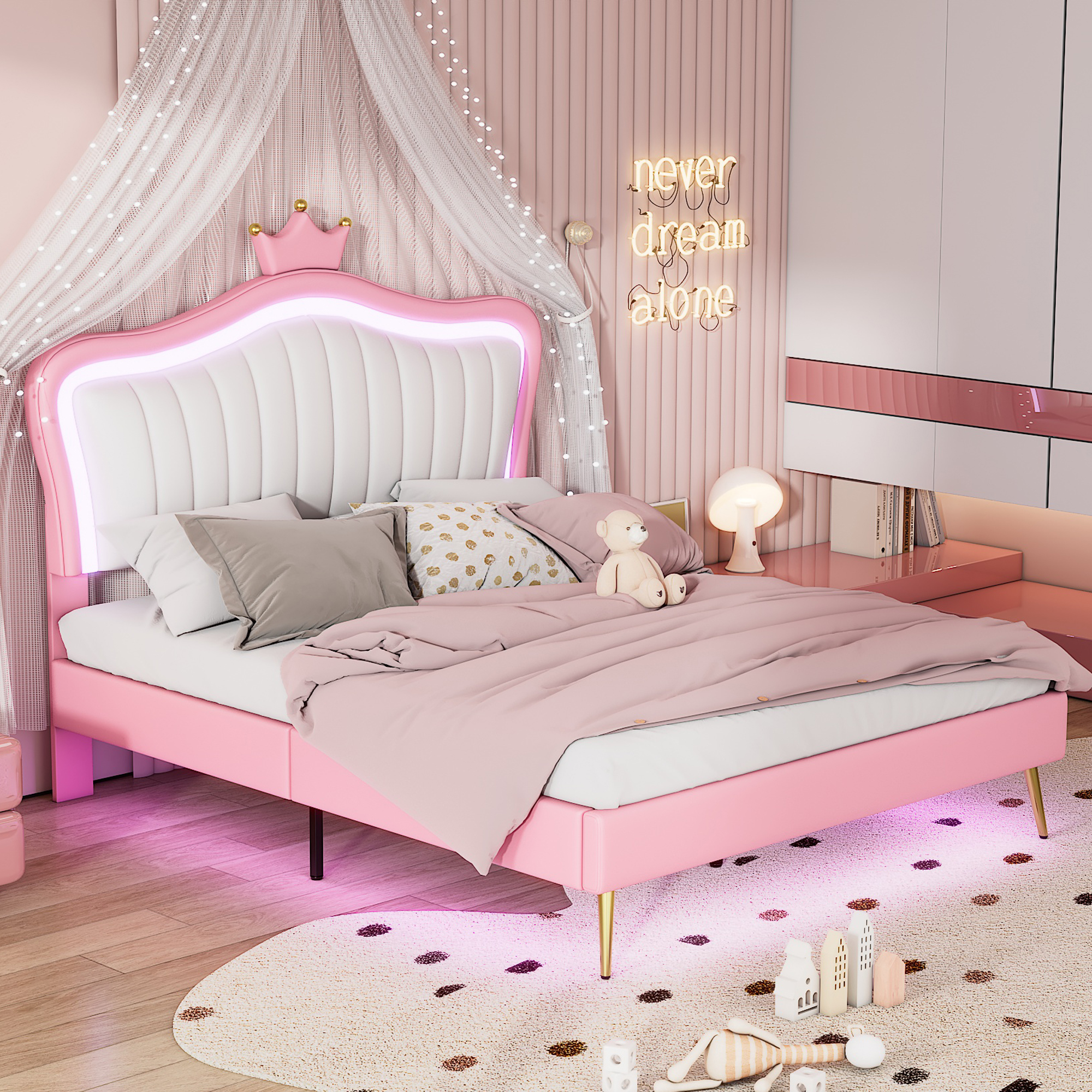 Queen Size Upholstered Bed Frame with LED Lights,Modern Upholstered Princess Bed With Crown Headboard,White+Pink