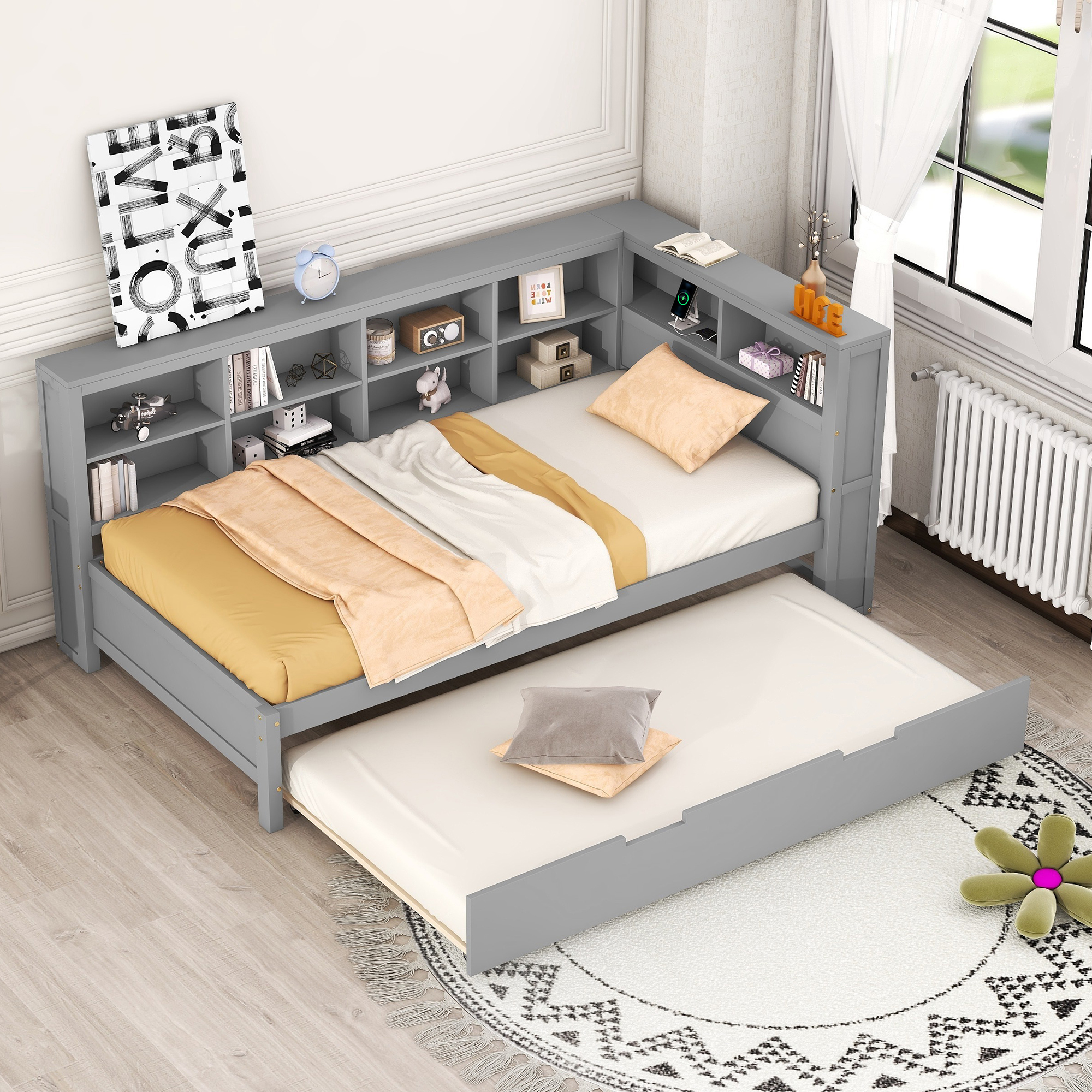 Wooden Twin Size DayBed with Twin Size Trundle, DayBed with Storage Shelf and USB Charging Ports,Grey