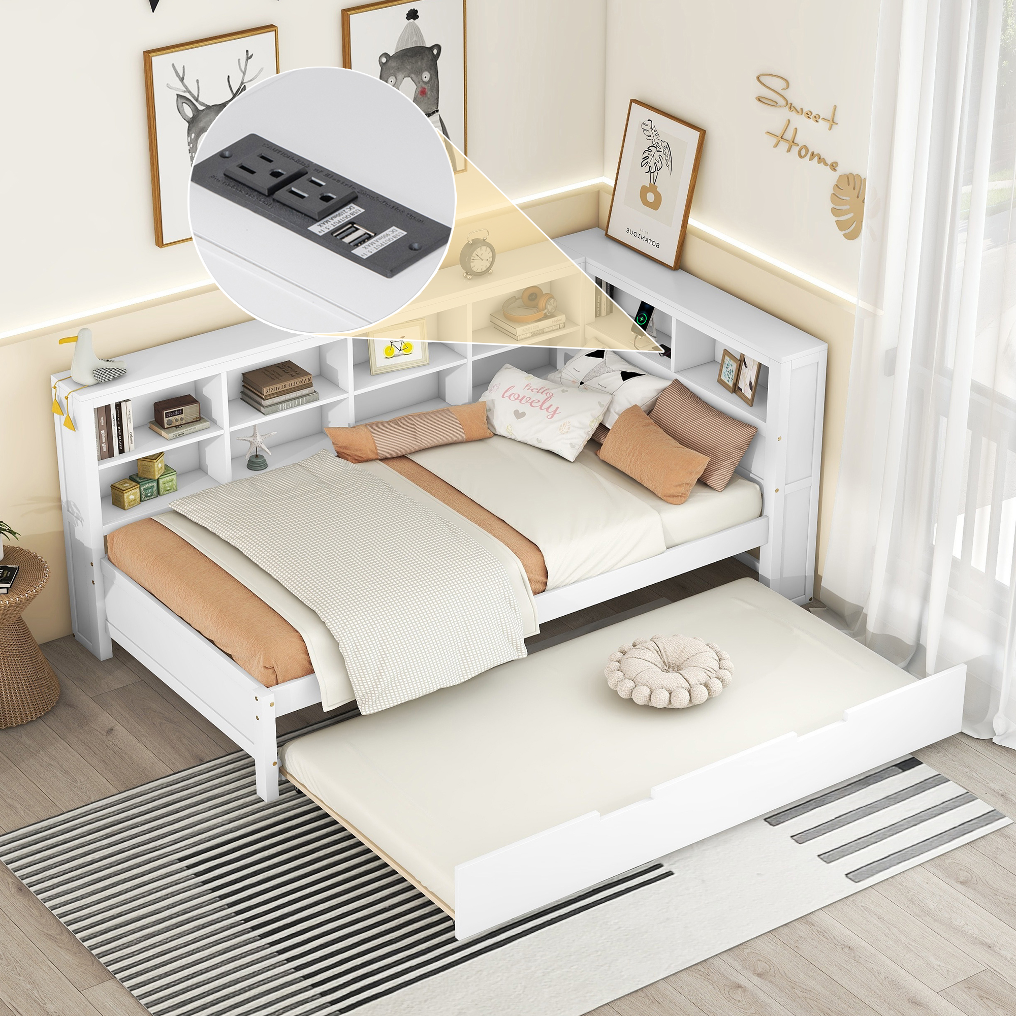 Wooden Twin Size DayBed with Twin Trundle, DayBed with Storage Shelf and USB Charging Ports,White