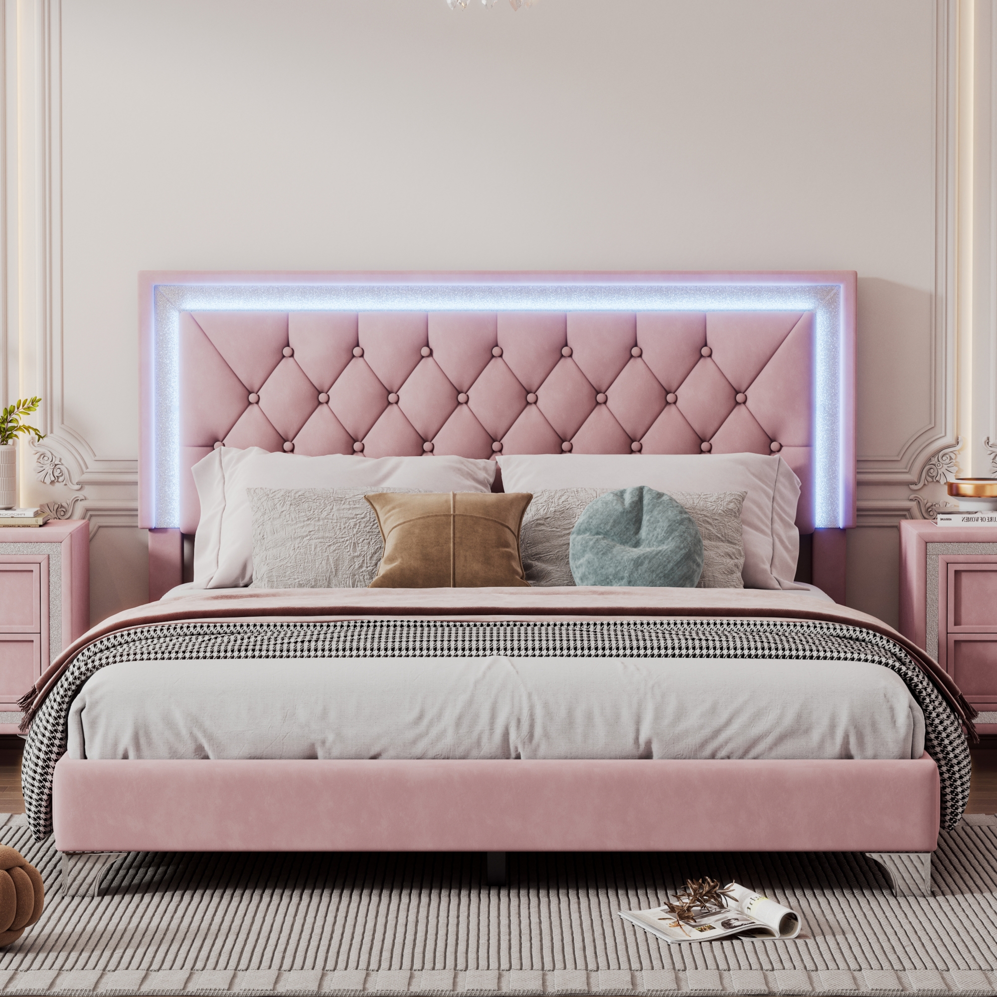 Queen Size Upholstered Bed Frame with LED Lights,Modern Velvet Platform Bed with Tufted Headboard,Pink