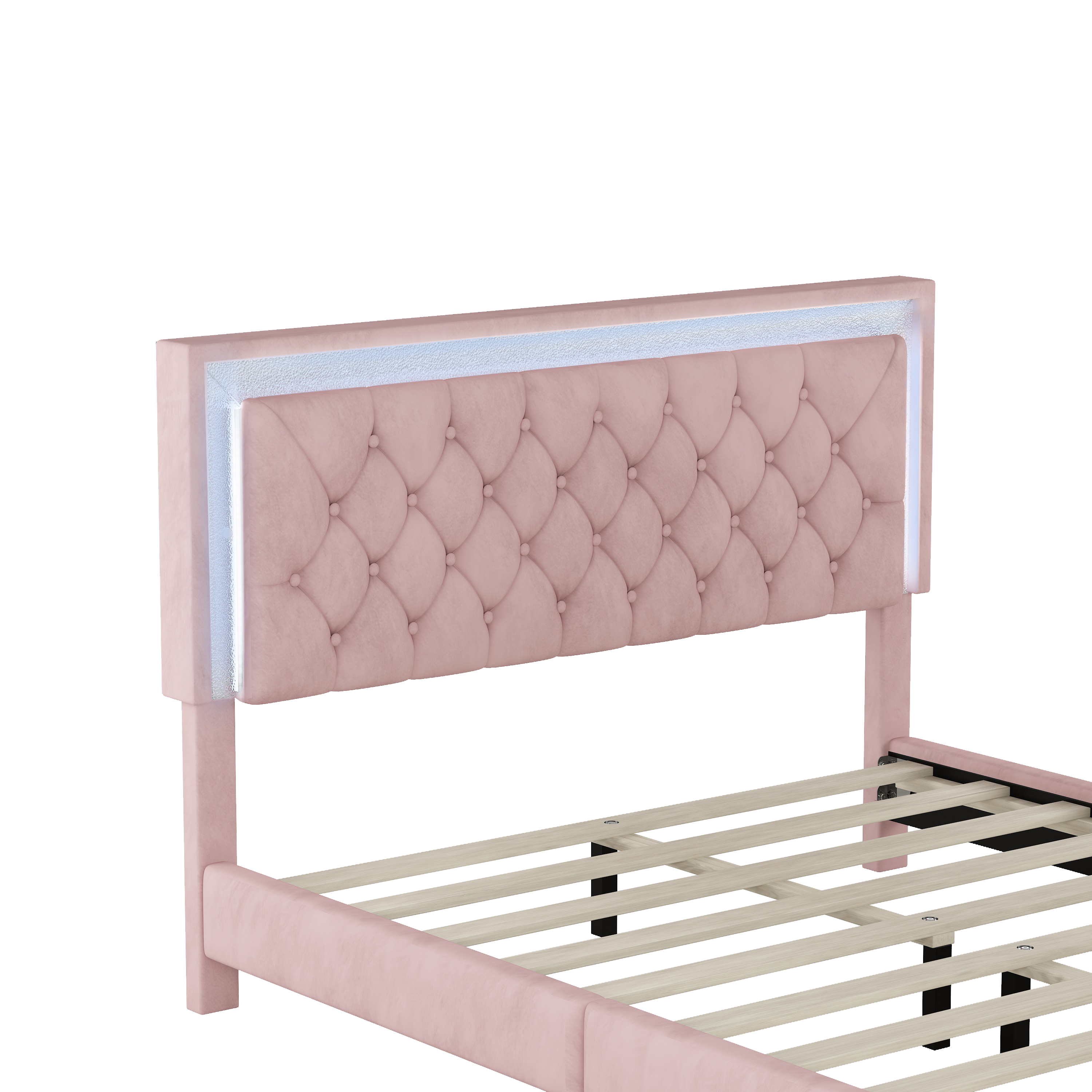 Queen Size Upholstered Bed Frame with LED Lights,Modern Velvet Platform Bed with Tufted Headboard,Pink