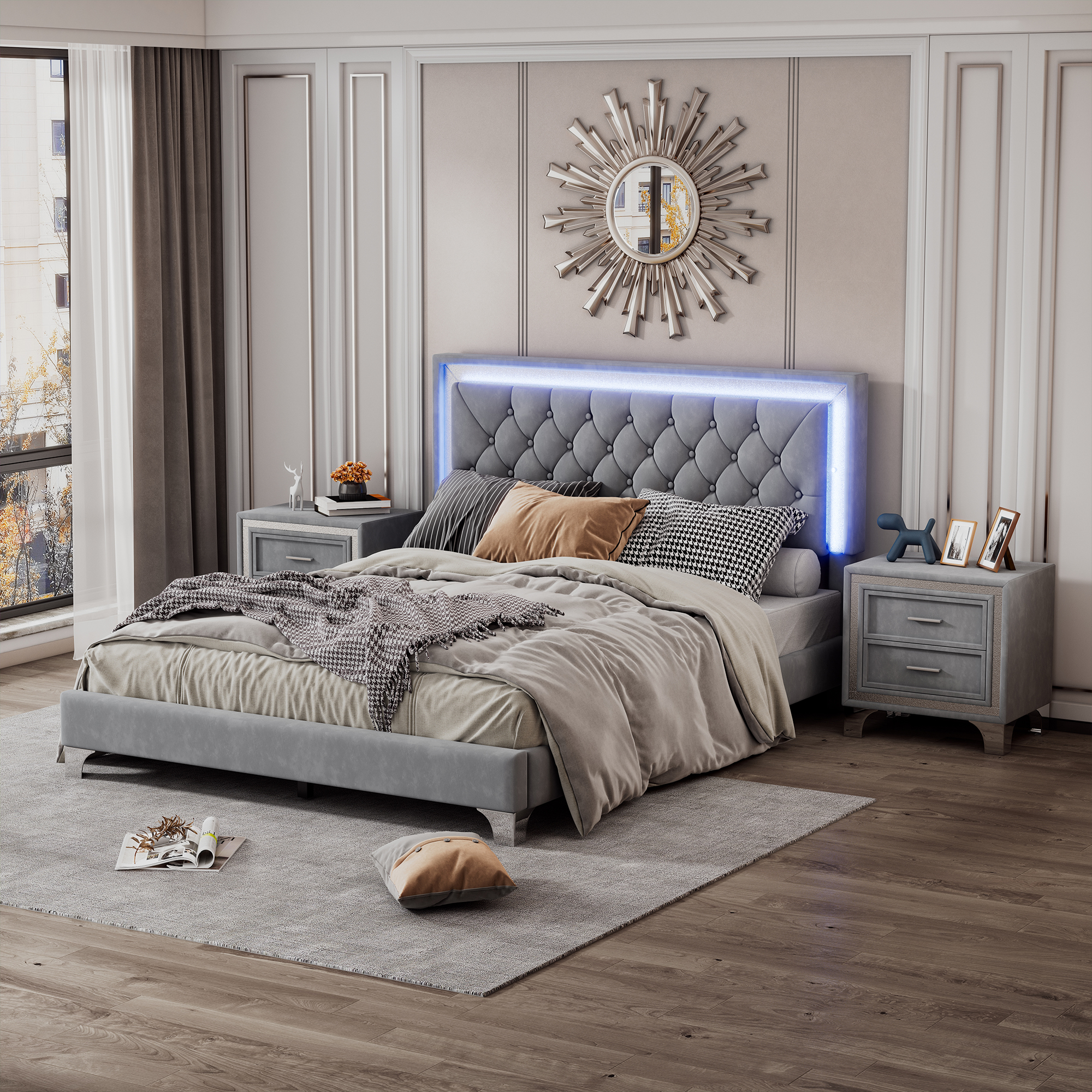 3-Pieces Bedroom Sets,Queen Size Upholstered Platform Bed with LED Lights and Two Nightstands-Gray