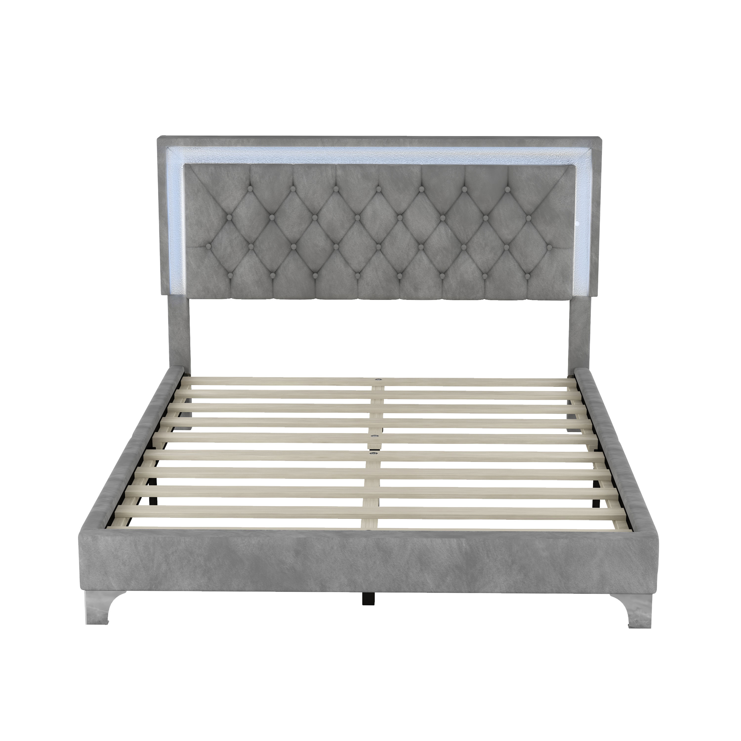 Queen Size Upholstered Bed Frame with LED Lights,Modern Velvet Platform Bed with Tufted Headboard,Gray