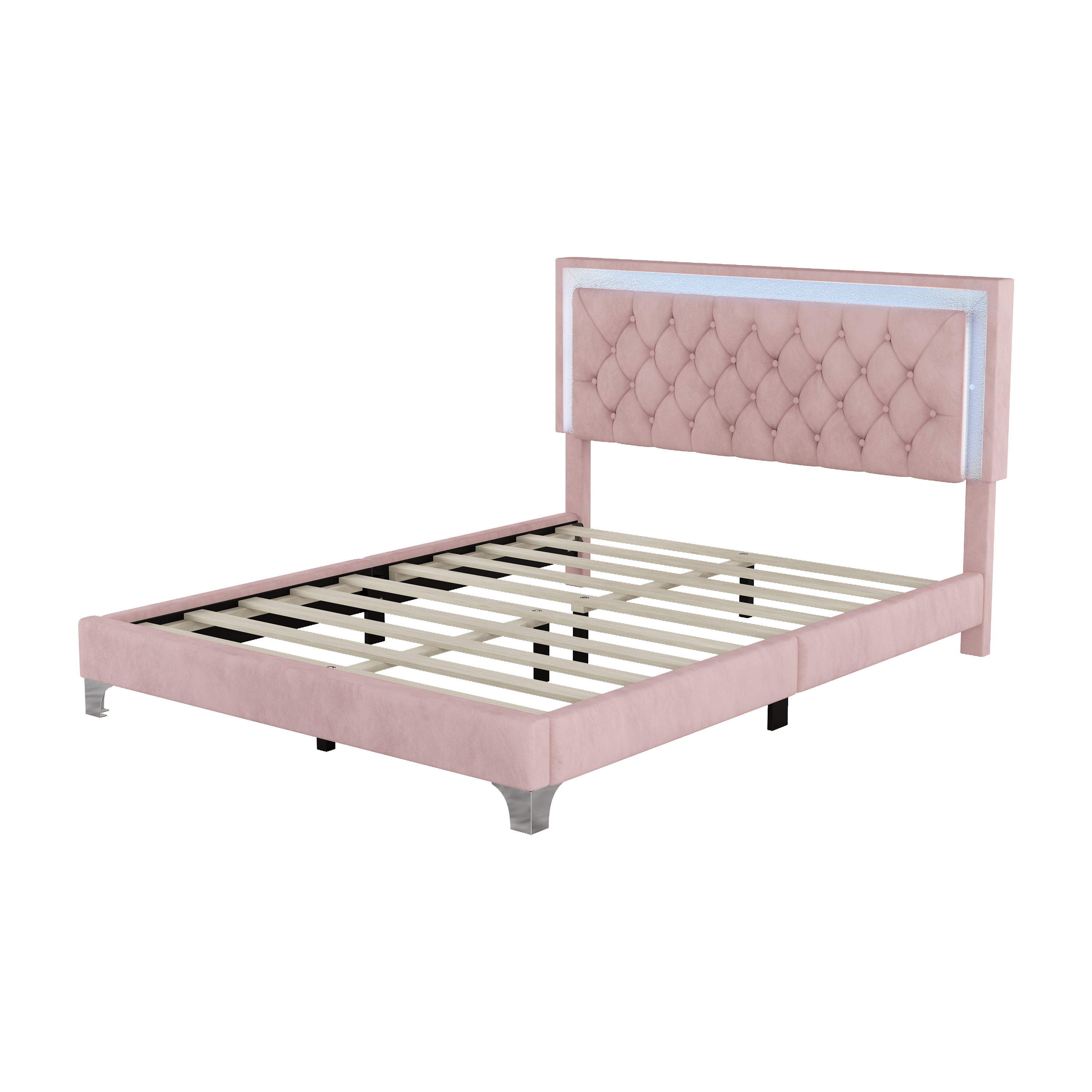 3-Pieces Bedroom Sets,Queen Size Upholstered Platform Bed with LED Lights and Two Nightstands-Pink