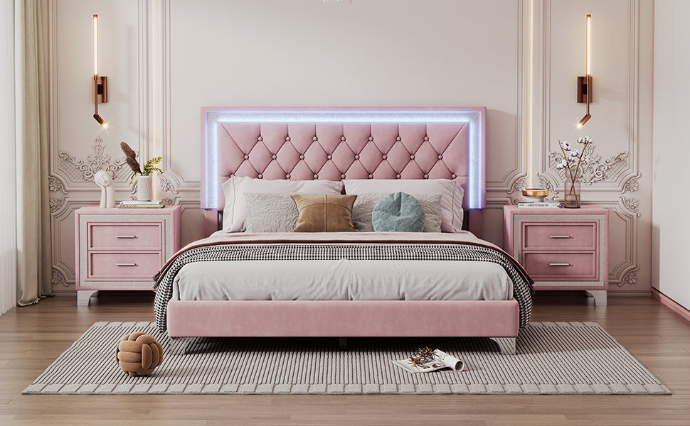 Queen Size Upholstered Bed Frame with LED Lights,Modern Velvet Platform Bed with Tufted Headboard,Pink