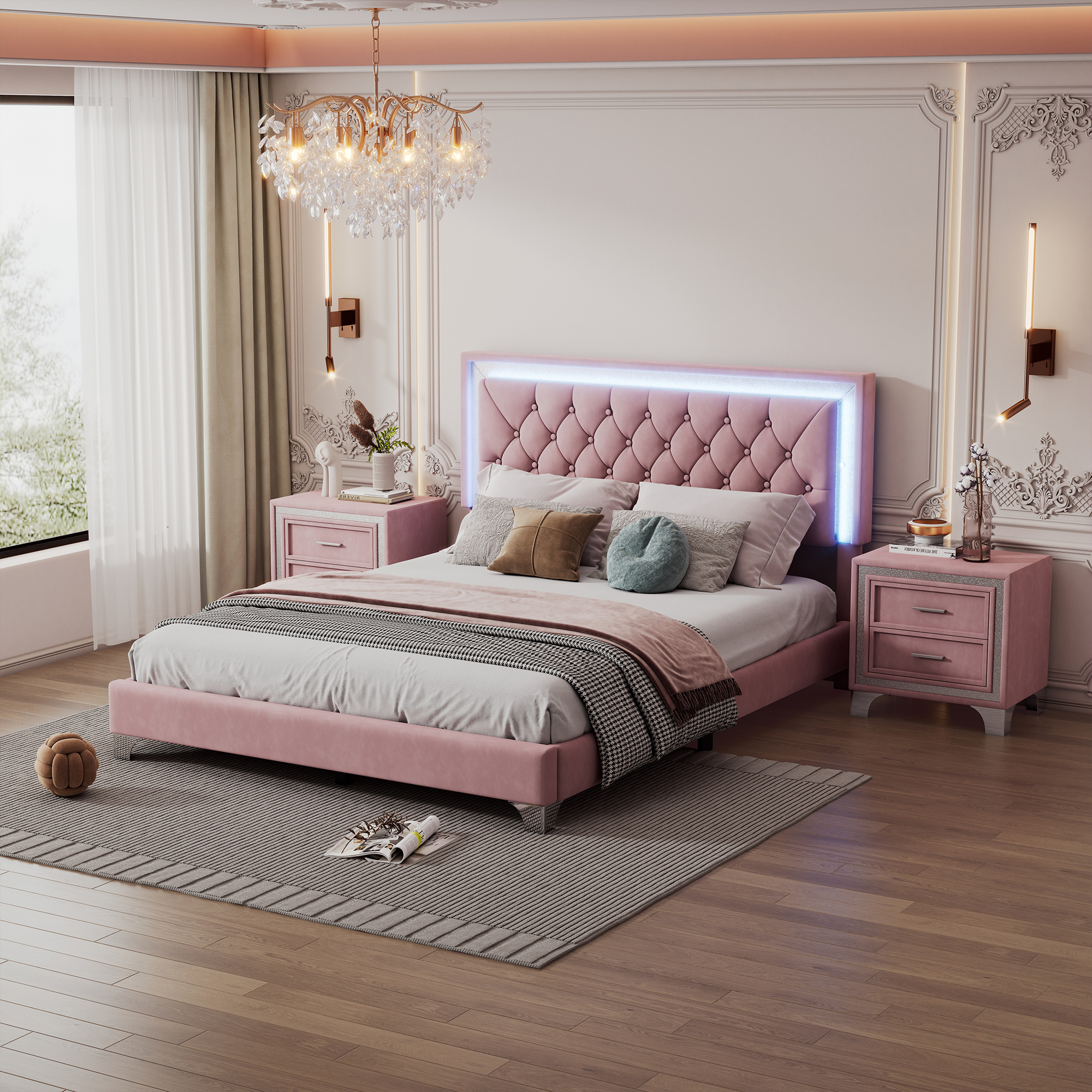 3-Pieces Bedroom Sets,Queen Size Upholstered Platform Bed with LED Lights and Two Nightstands-Pink