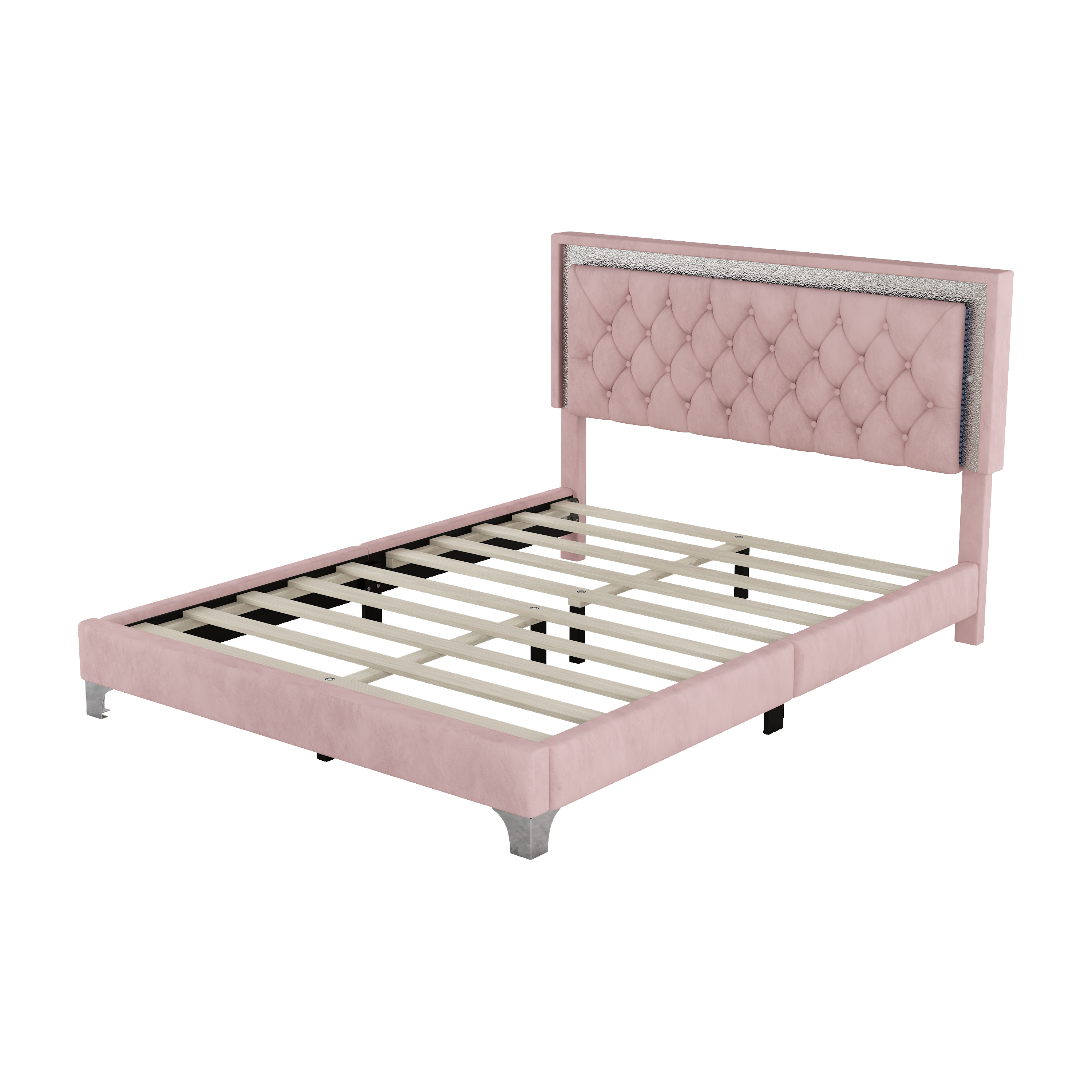 Queen Size Upholstered Bed Frame with LED Lights,Modern Velvet Platform Bed with Tufted Headboard,Pink