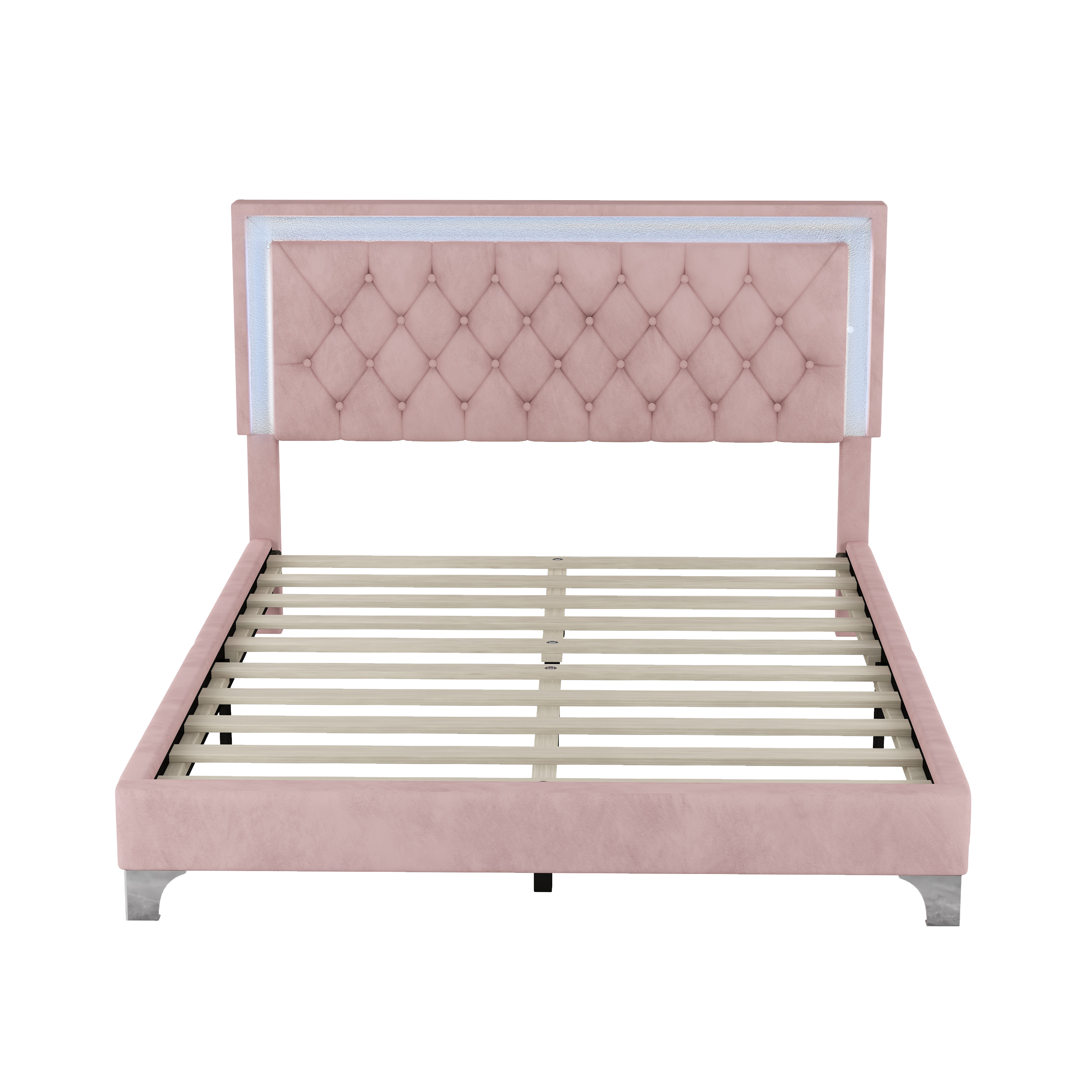 Queen Size Upholstered Bed Frame with LED Lights,Modern Velvet Platform Bed with Tufted Headboard,Pink