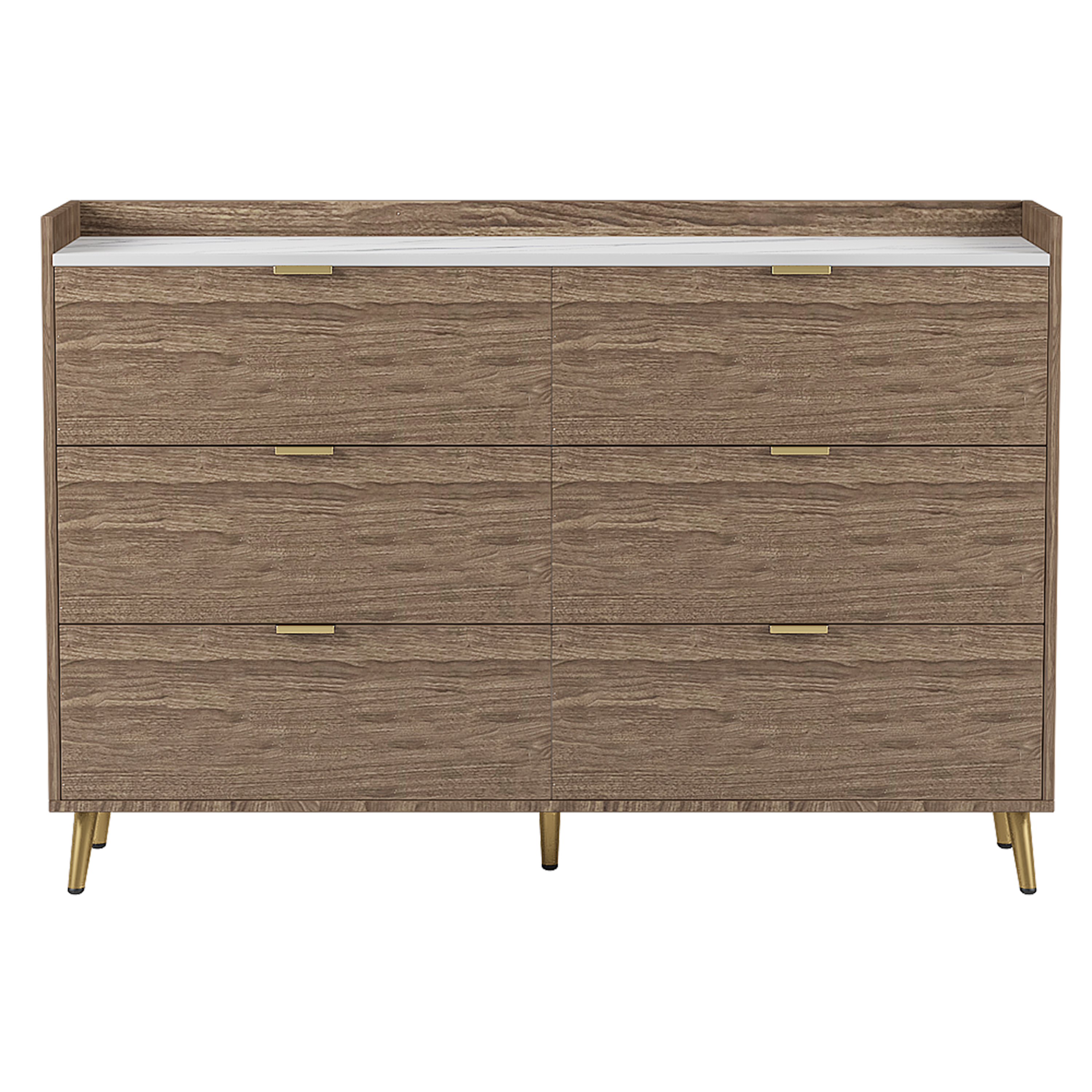 55" Long 6 Drawer Dresser with Marbling Worktop, Mordern Storage Cabinet with Metal Leg and Handle for Bedroom,Walnut