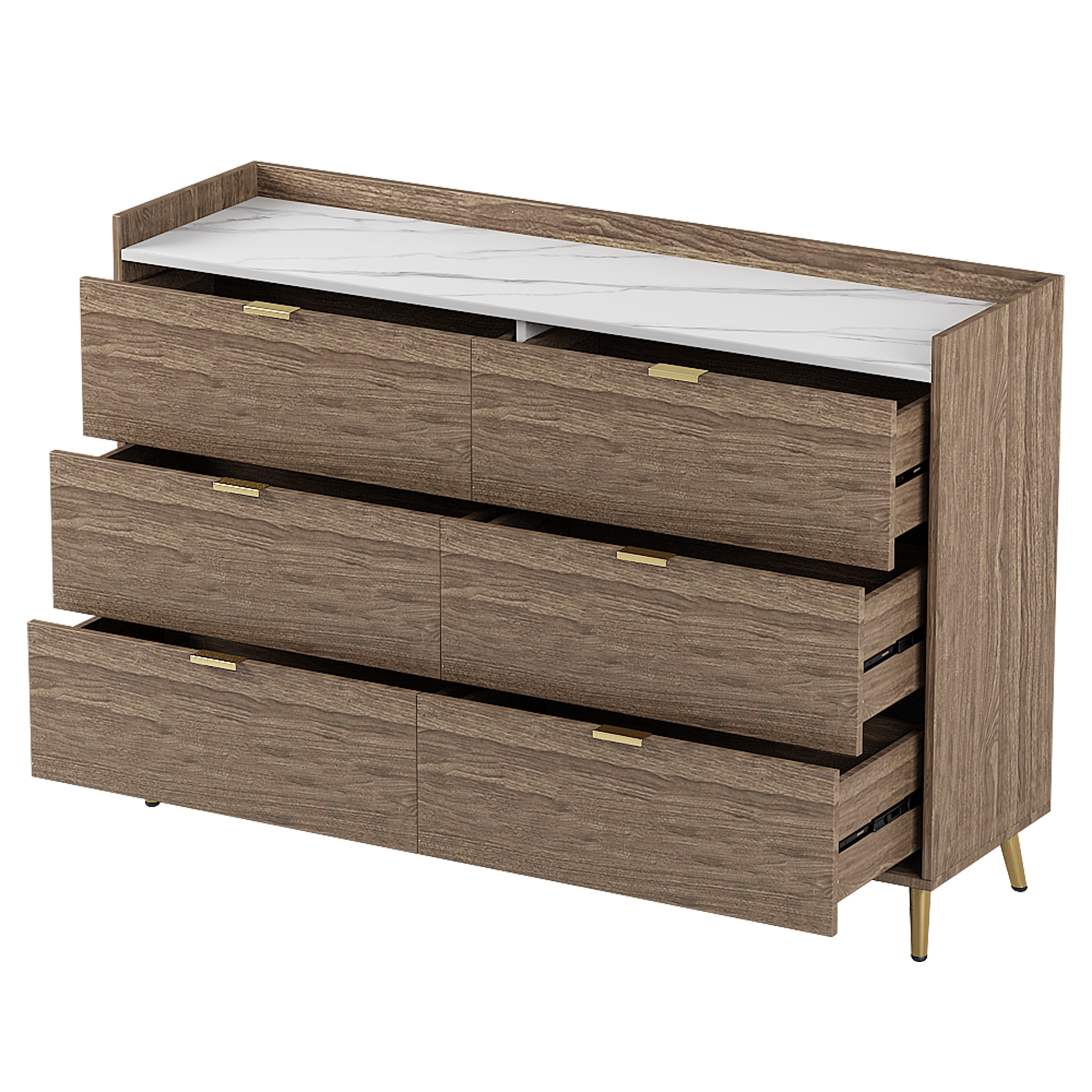 55" Long 6 Drawer Dresser with Marbling Worktop, Mordern Storage Cabinet with Metal Leg and Handle for Bedroom,Walnut