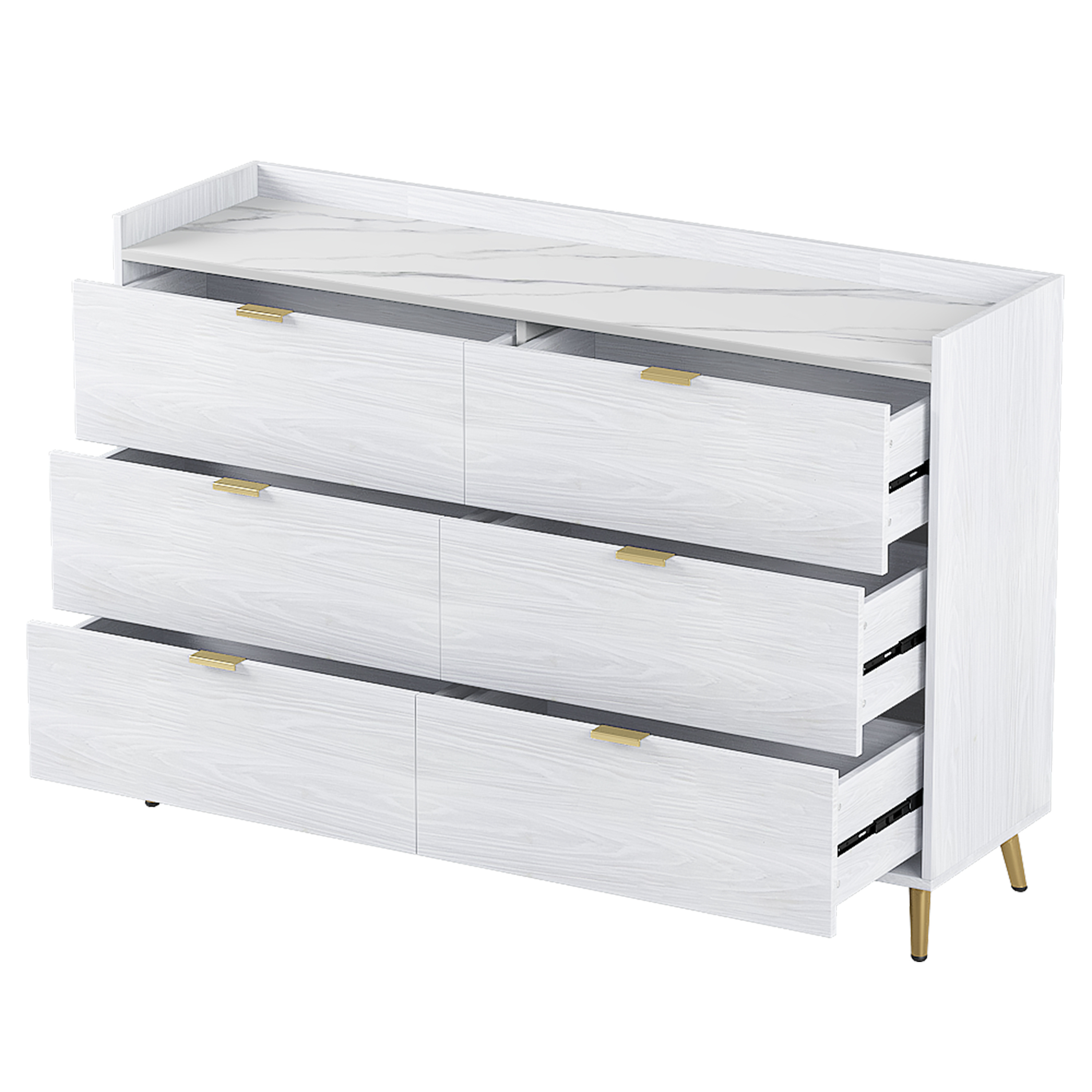 55" Long 6 Drawer Dresser with Marbling Worktop, Mordern Storage Cabinet with Metal Leg and Handle for Bedroom, White