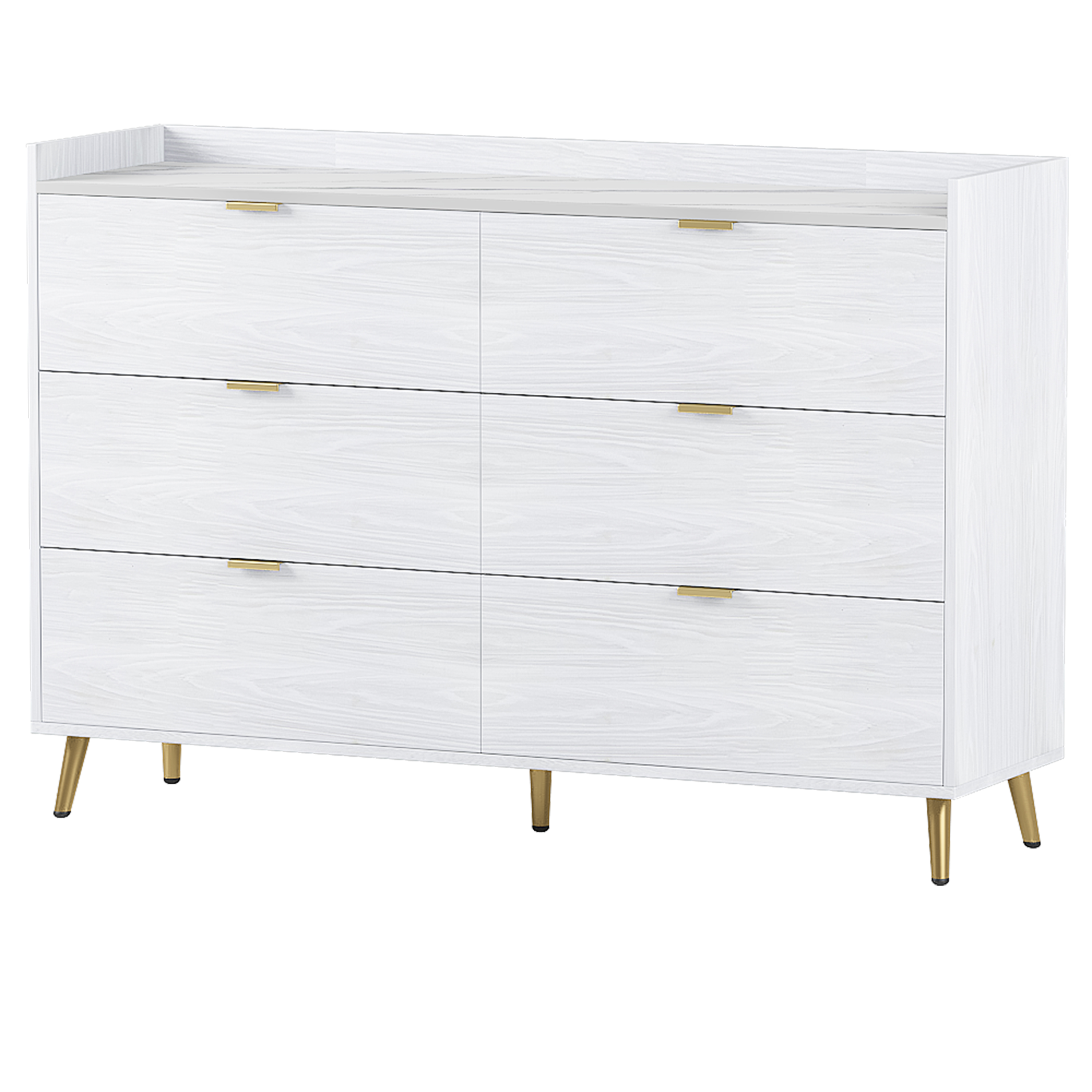 55" Long 6 Drawer Dresser with Marbling Worktop, Mordern Storage Cabinet with Metal Leg and Handle for Bedroom, White