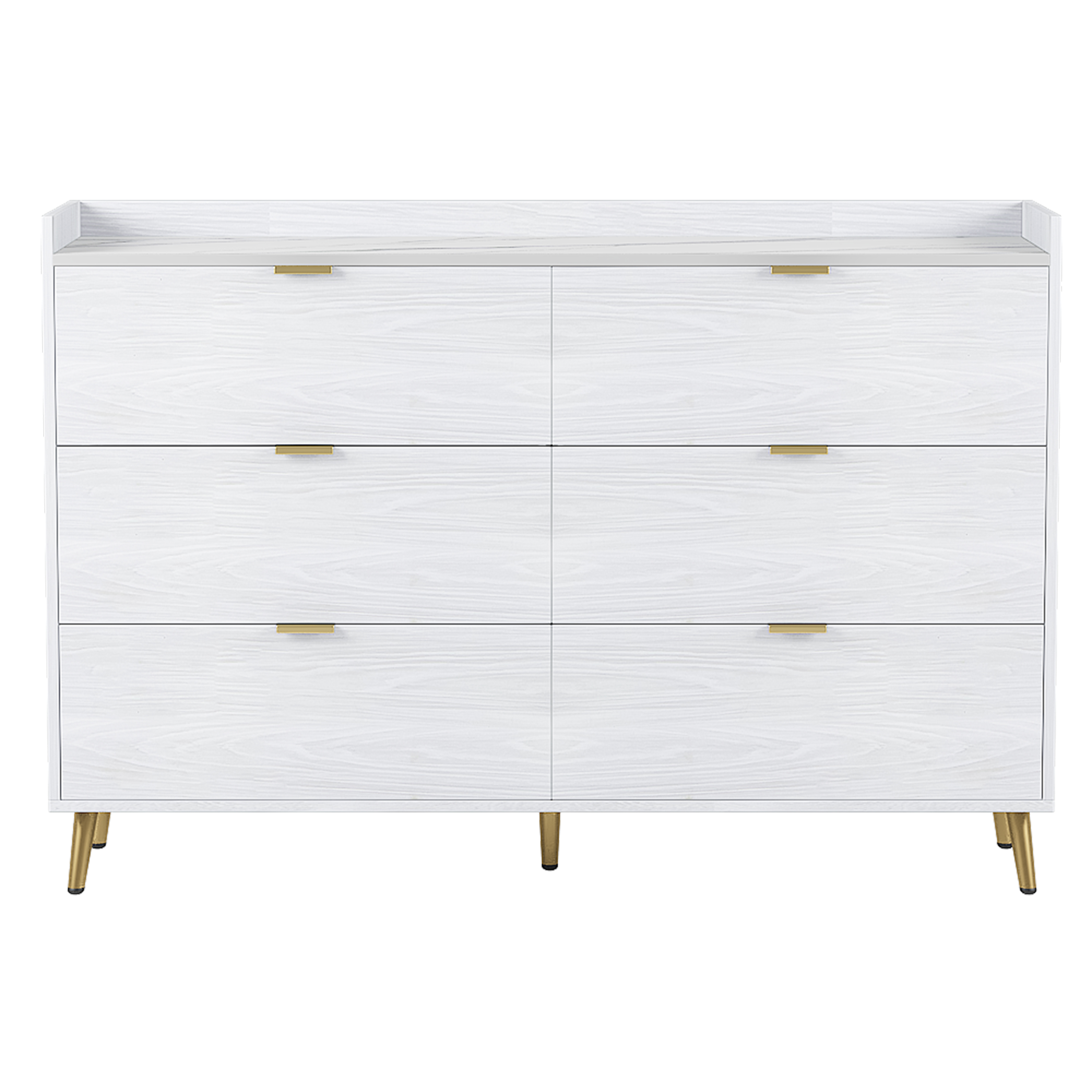 55" Long 6 Drawer Dresser with Marbling Worktop, Mordern Storage Cabinet with Metal Leg and Handle for Bedroom, White