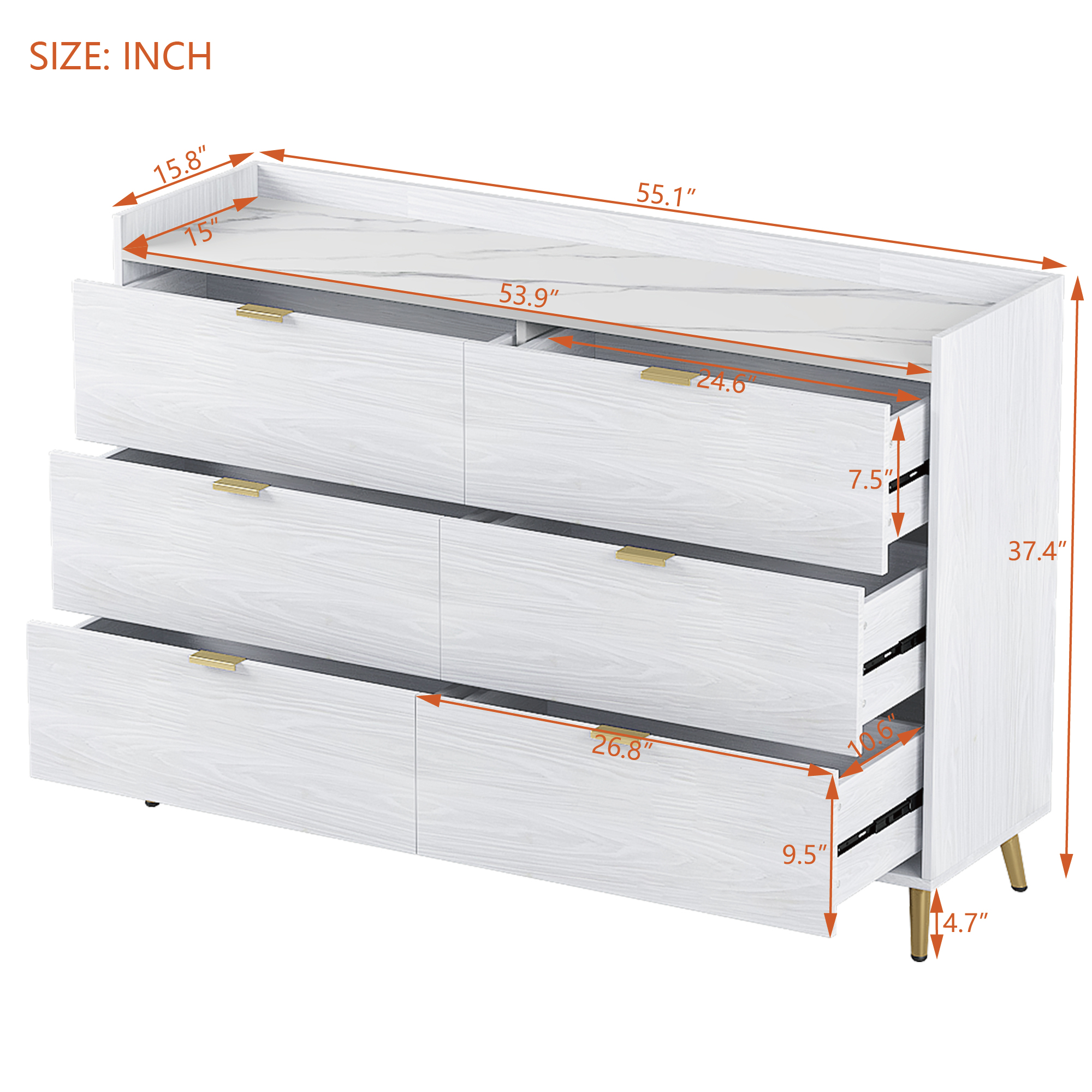 55" Long 6 Drawer Dresser with Marbling Worktop, Mordern Storage Cabinet with Metal Leg and Handle for Bedroom, White