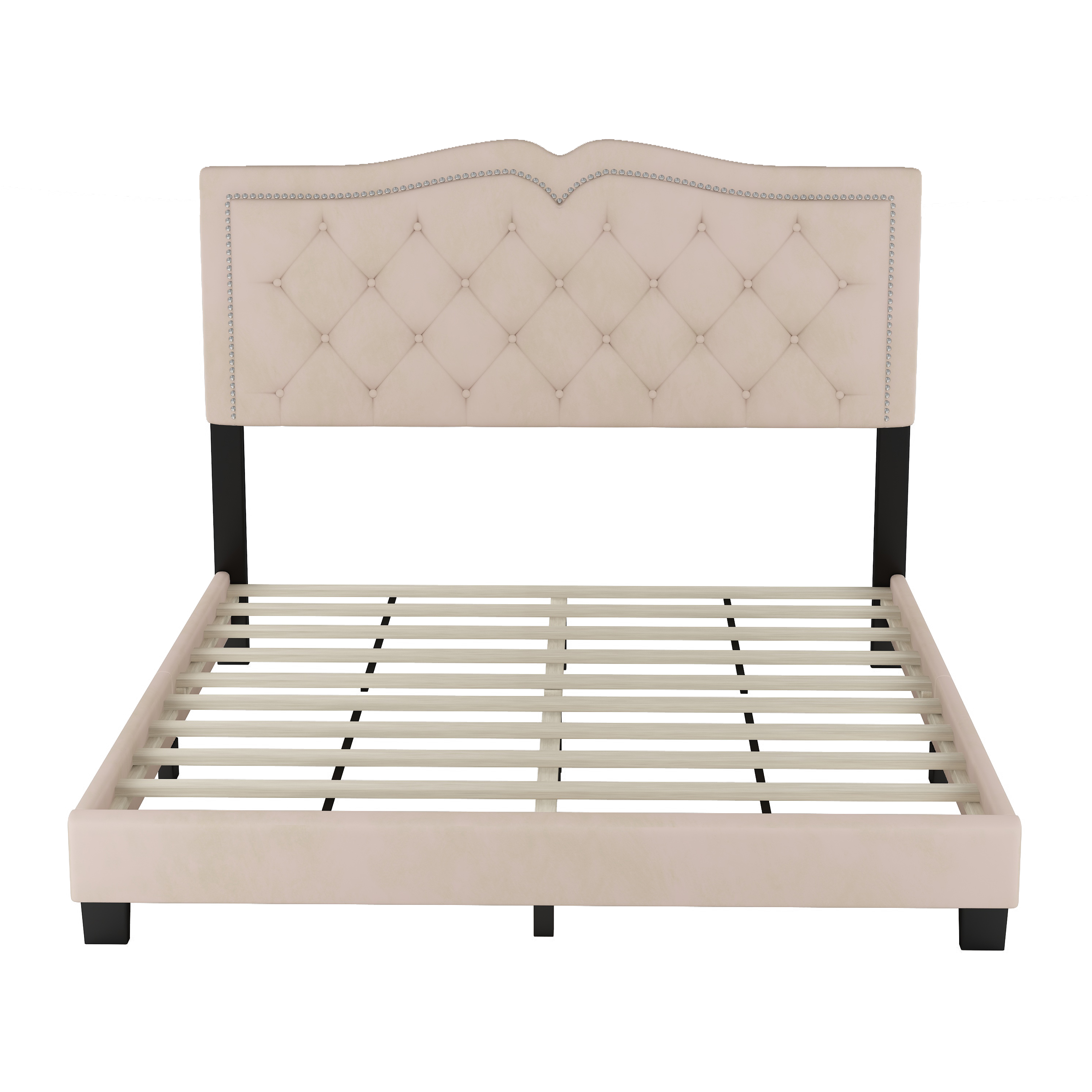 Queen Size Upholstered Bed Frame with Rivet Design, Modern Velvet Platform Bed with Tufted Headboard,Beige