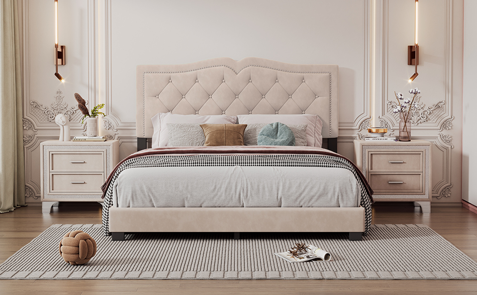 Queen Size Upholstered Bed Frame with Rivet Design, Modern Velvet Platform Bed with Tufted Headboard,Beige