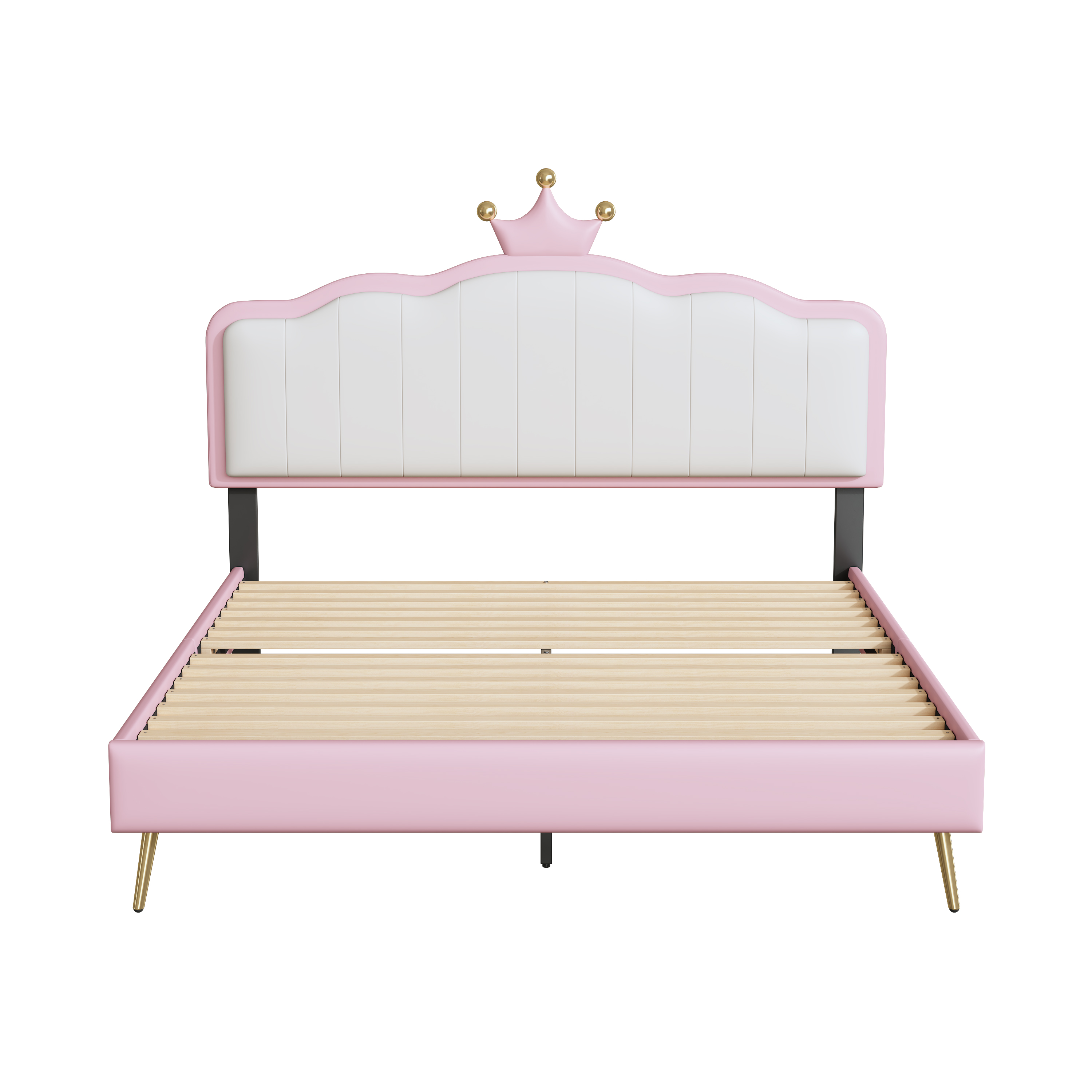 Full size Upholstered Princess Bed With Crown Headboard,Full Size Platform Bed with Headboard and Footboard with Light Strips,Golden Metal Legs, White+Pink