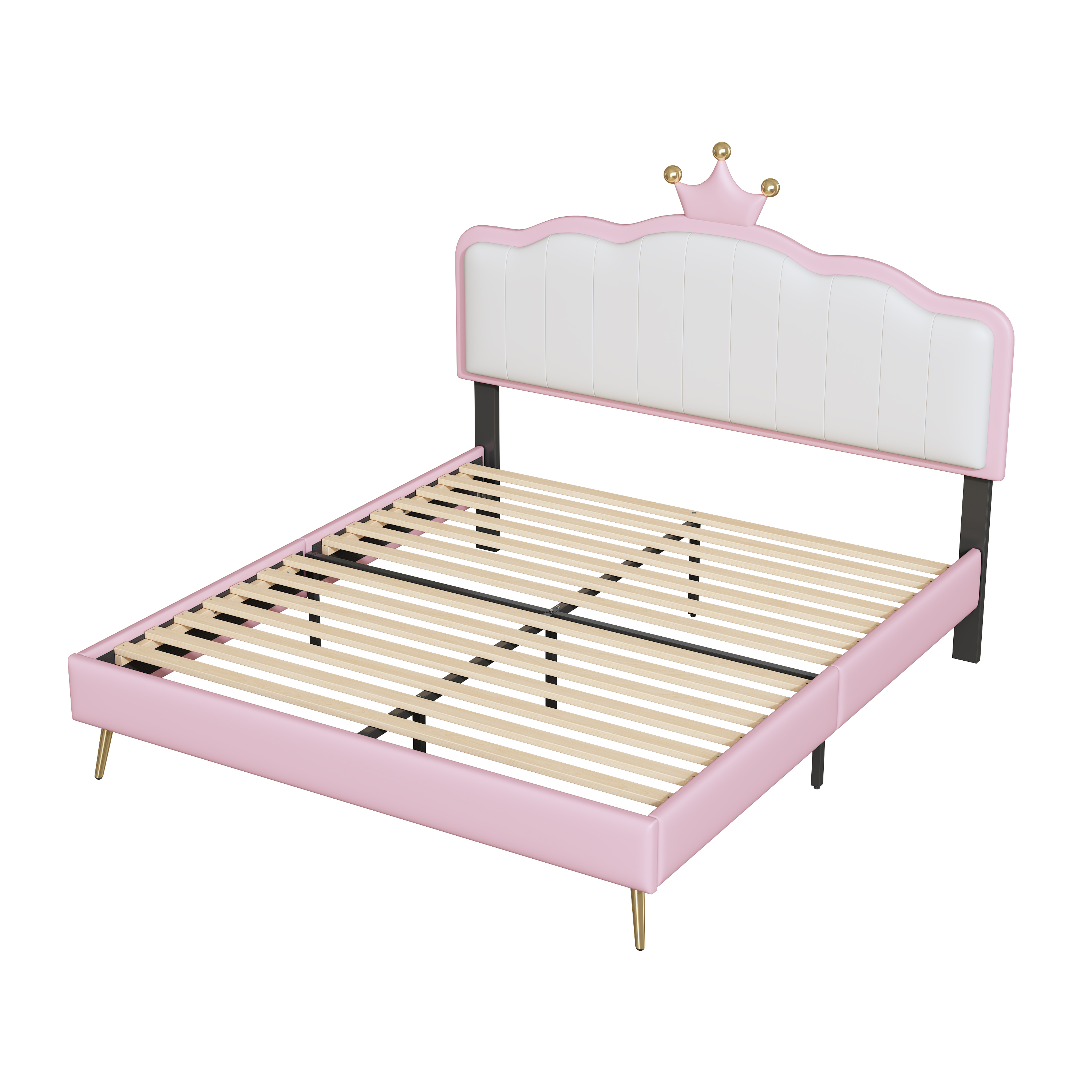 Full size Upholstered Princess Bed With Crown Headboard,Full Size Platform Bed with Headboard and Footboard with Light Strips,Golden Metal Legs, White+Pink