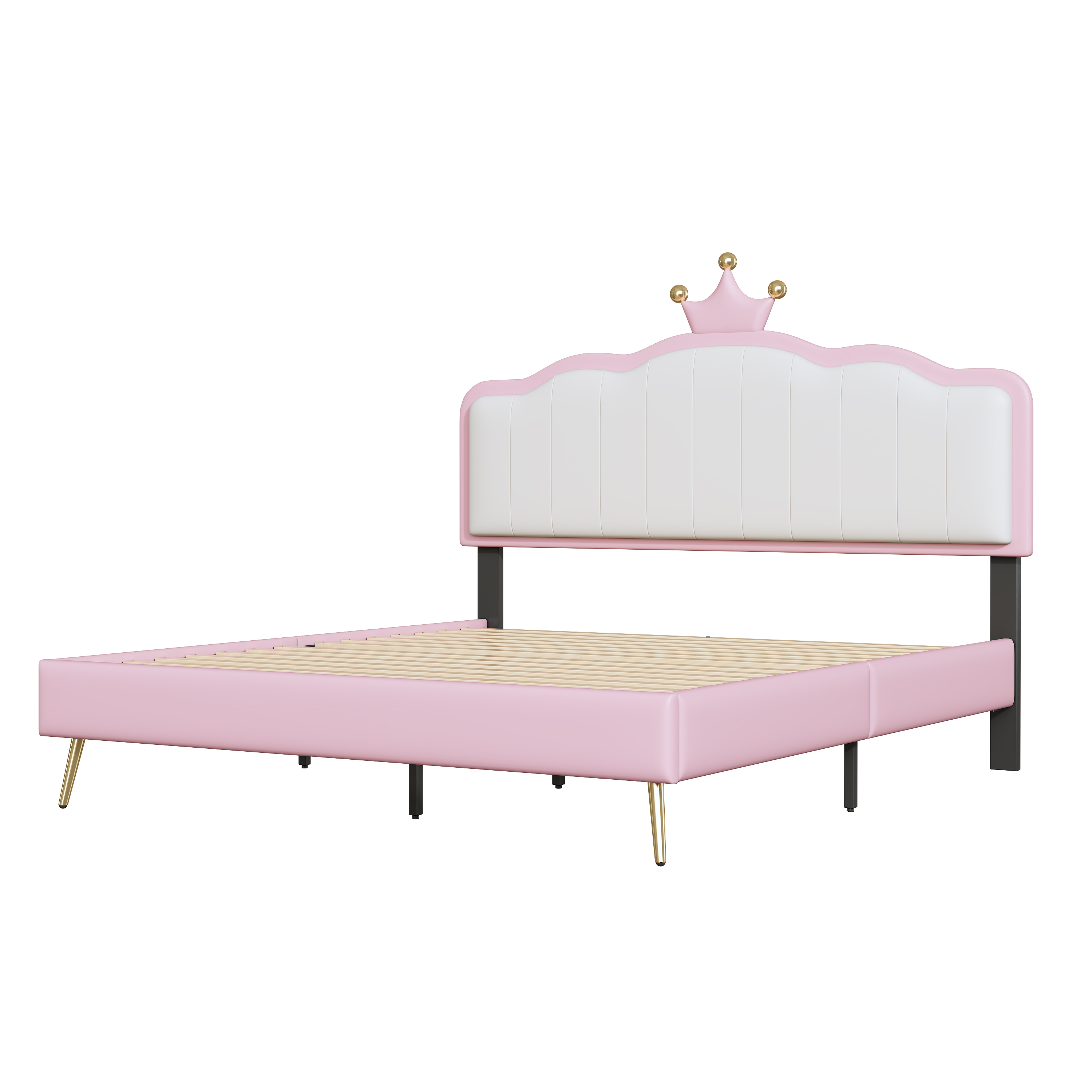 Full size Upholstered Princess Bed With Crown Headboard,Full Size Platform Bed with Headboard and Footboard with Light Strips,Golden Metal Legs, White+Pink