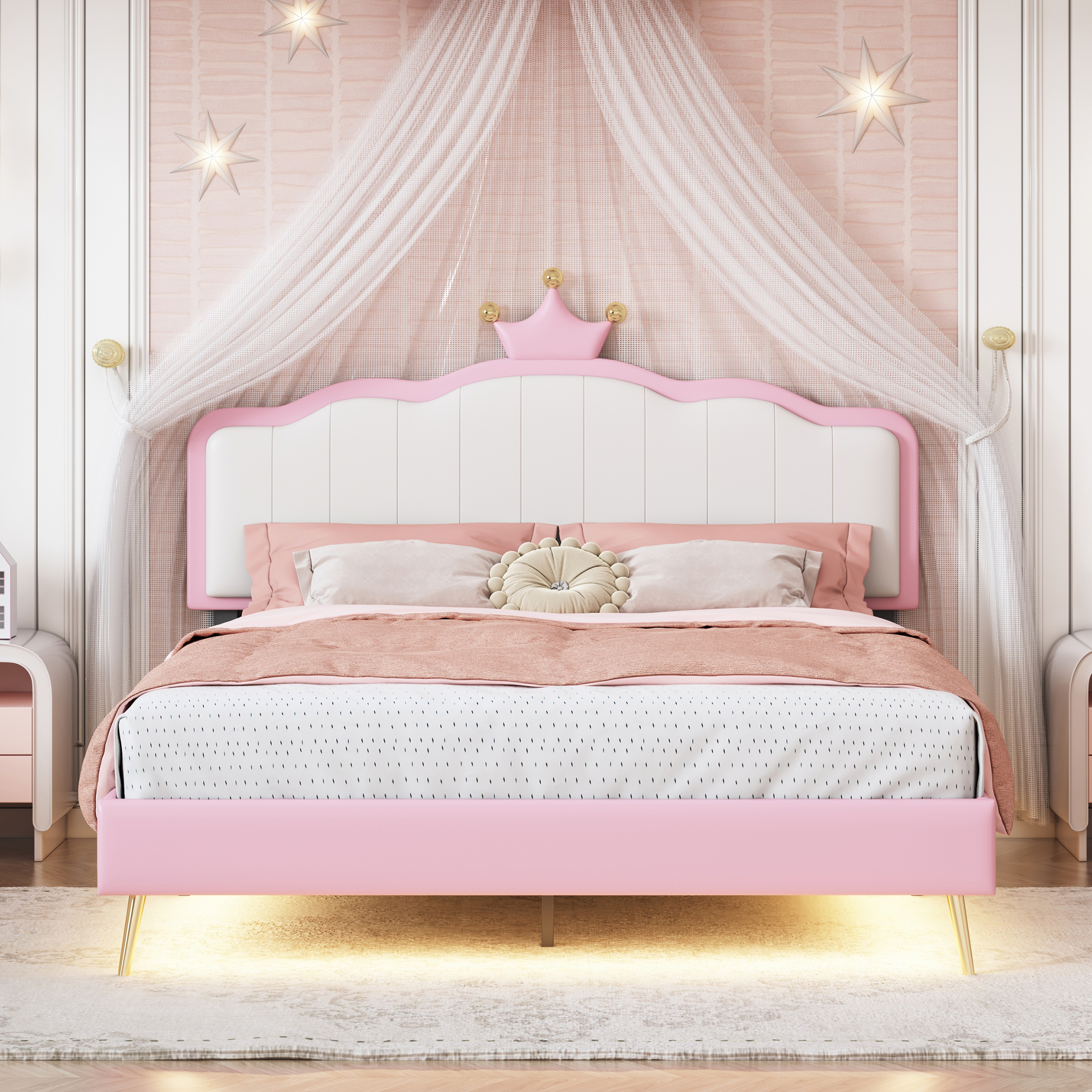 Full size Upholstered Princess Bed With Crown Headboard,Full Size Platform Bed with Headboard and Footboard with Light Strips,Golden Metal Legs, White+Pink